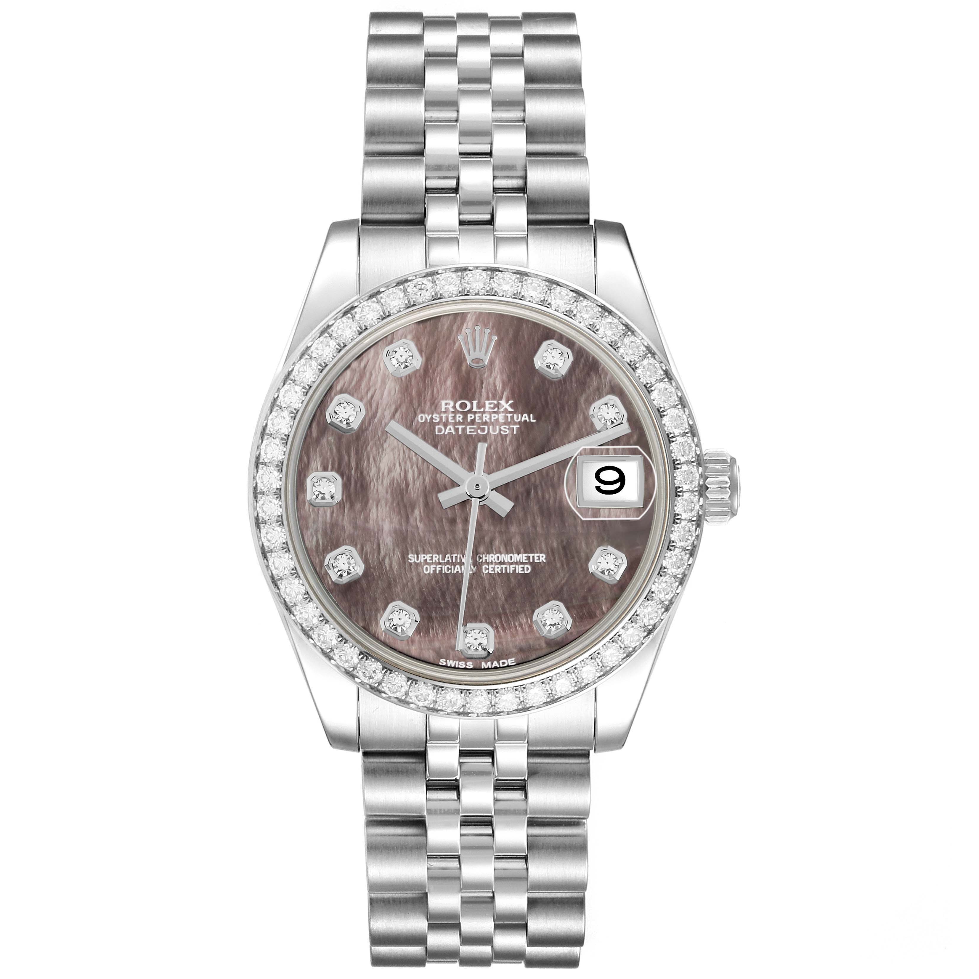 The Rolex Datejust 178384 Women
s Stainless Steel Mother of Pearl Dial watch is shown from a top-down angle, displaying the face, bezel, and bracelet.