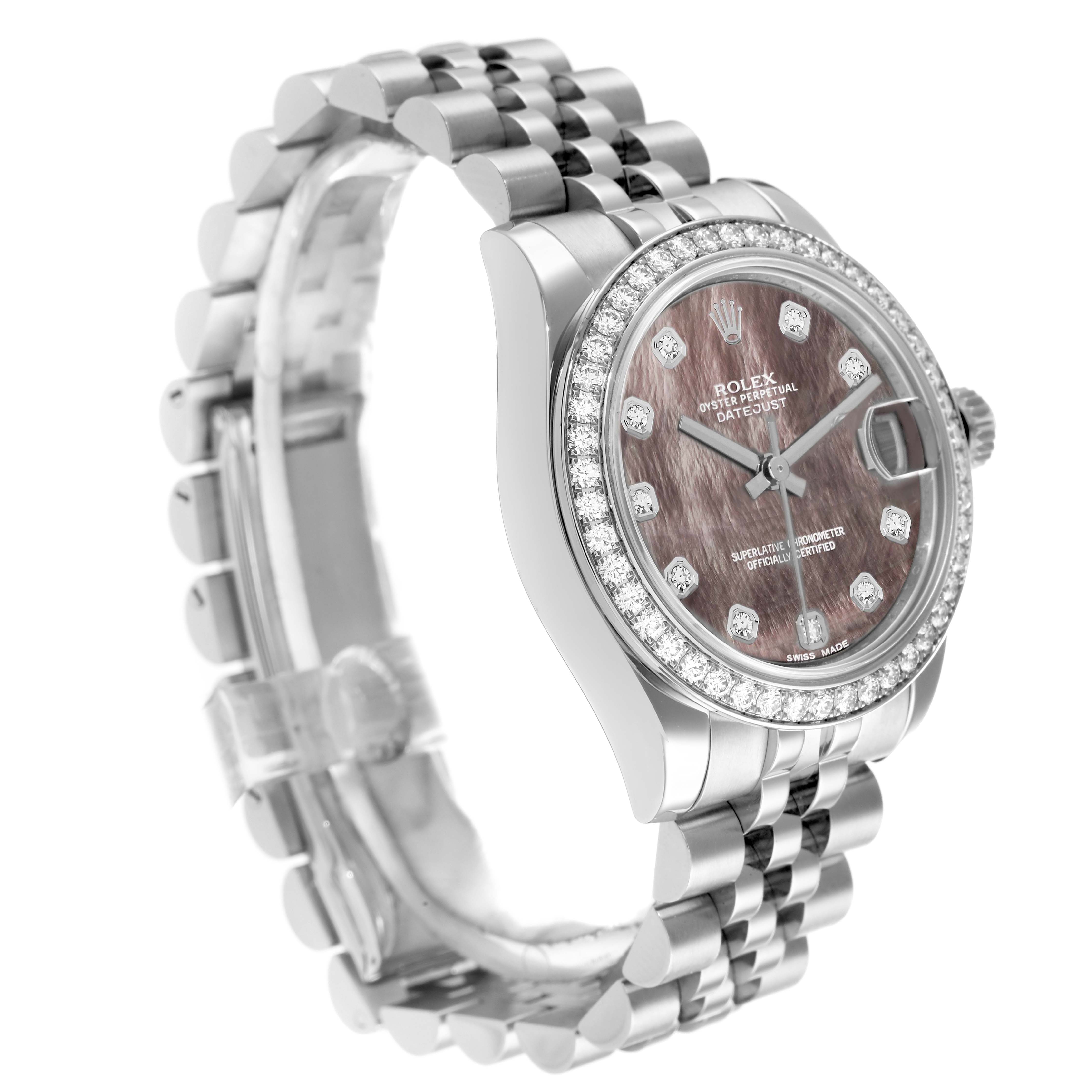 The Rolex Datejust 178384 Women
s Stainless Steel Mother of Pearl Dial watch is shown at a three-quarter angle, highlighting its bezel, bracelet, case, and dial with diamond markers.