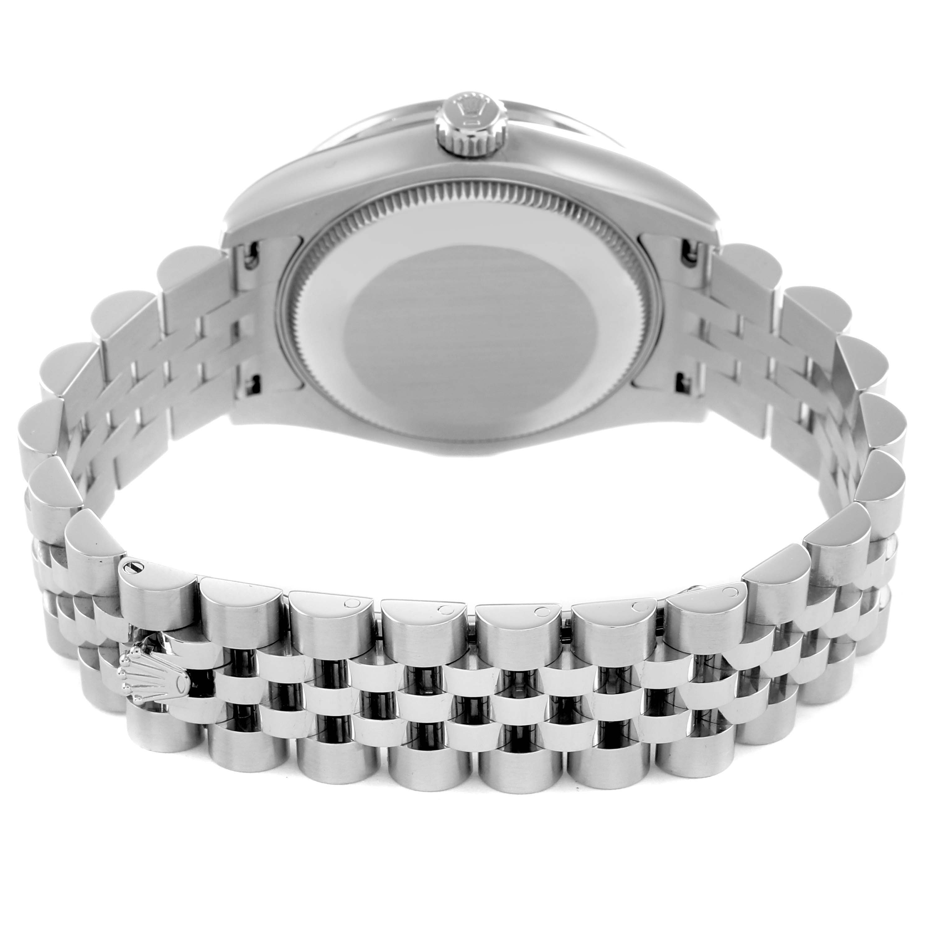 The image shows the back view of a Rolex Datejust 178384 Women
s Stainless Steel Mother of Pearl Dial watch, highlighting the bracelet and case back.