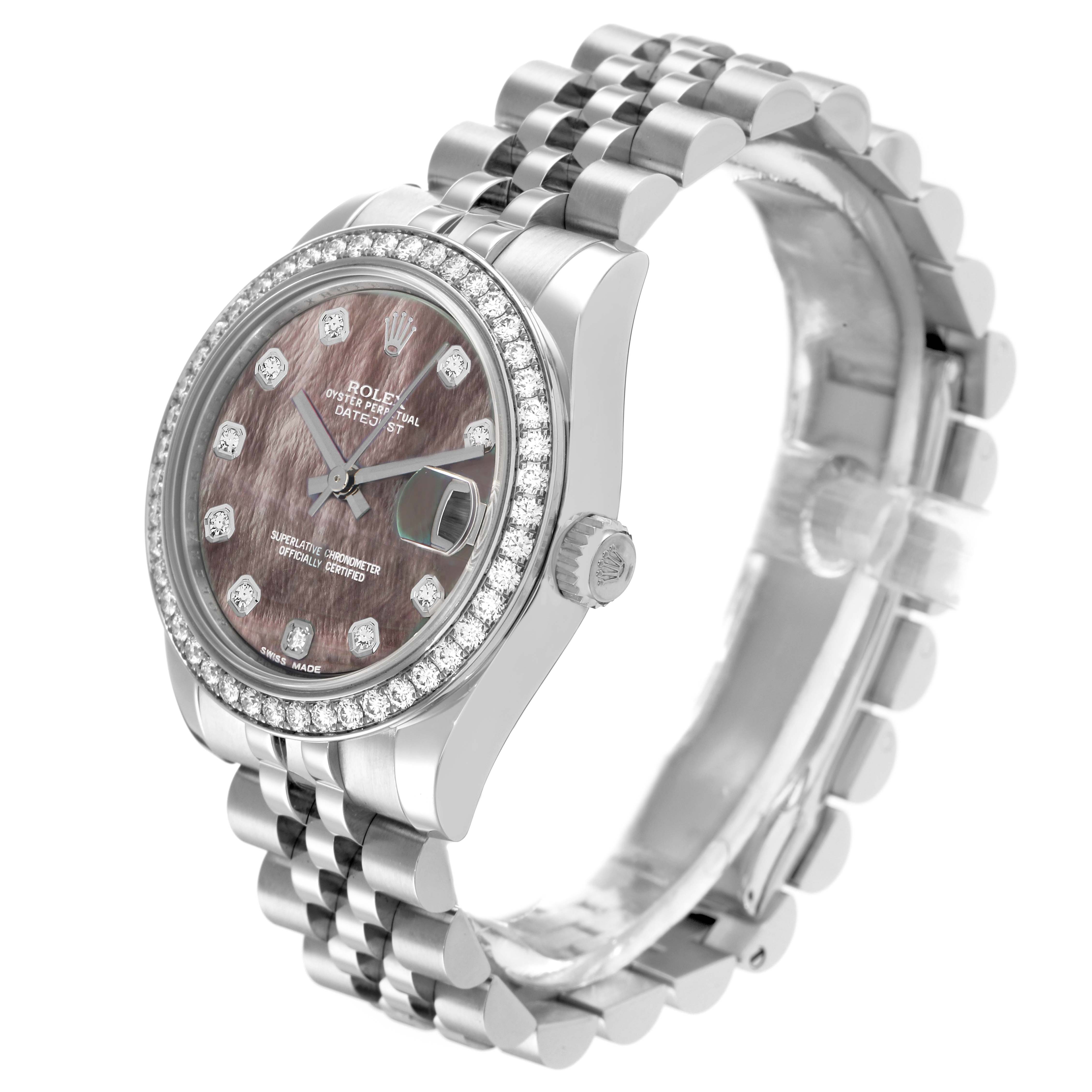 The Rolex Datejust 178384 Women
s Stainless Steel Mother of Pearl Dial watch is shown at a slight angle, highlighting its bezel, dial, and bracelet.