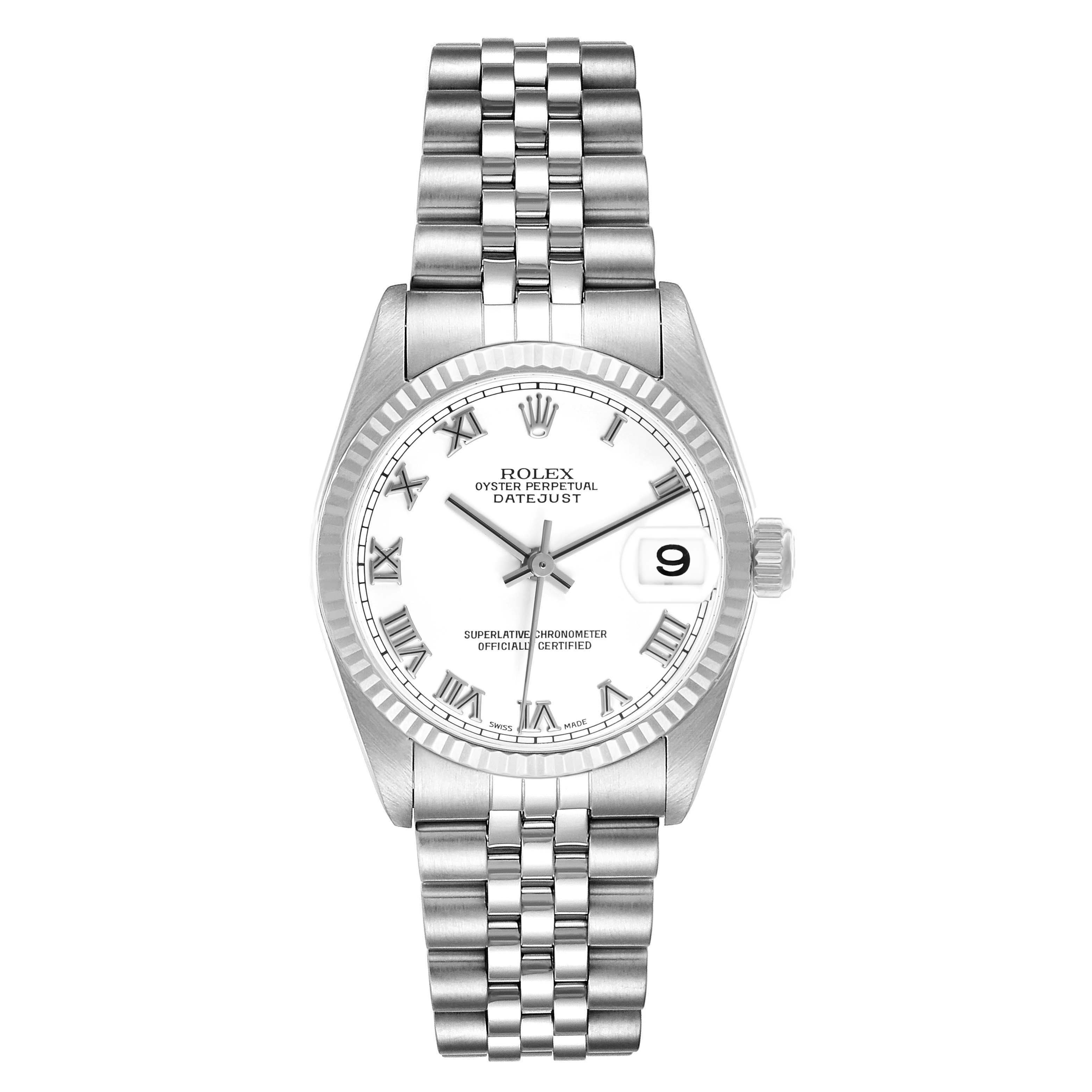 The image shows a frontal view of a Rolex Datejust Mid-Size watch, highlighting the dial, bracelet, and bezel.