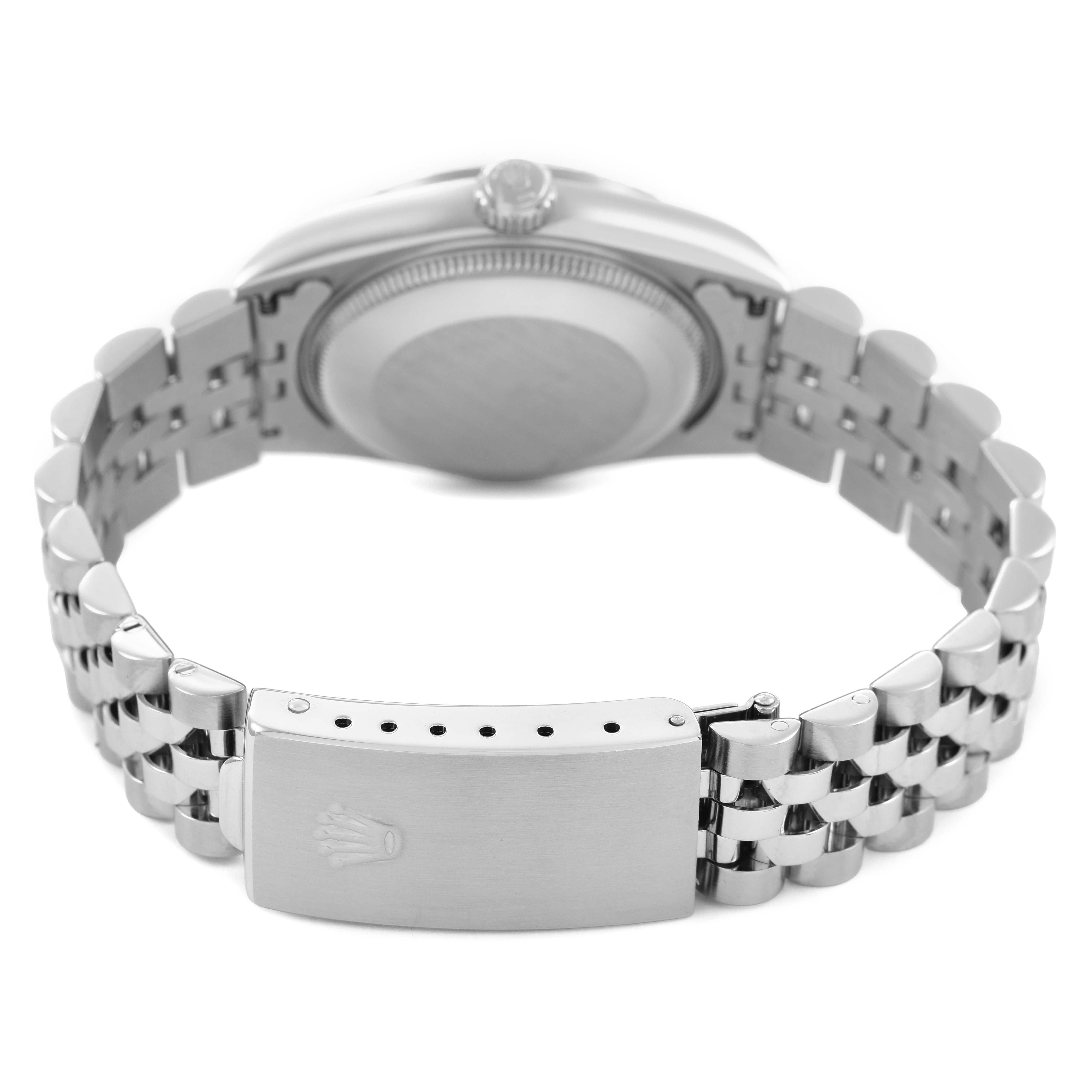 The Rolex Mid-Size 178274 Women's Stainless Steel White Dial watch is shown from the back, highlighting the closed clasp, bracelet, and case back.