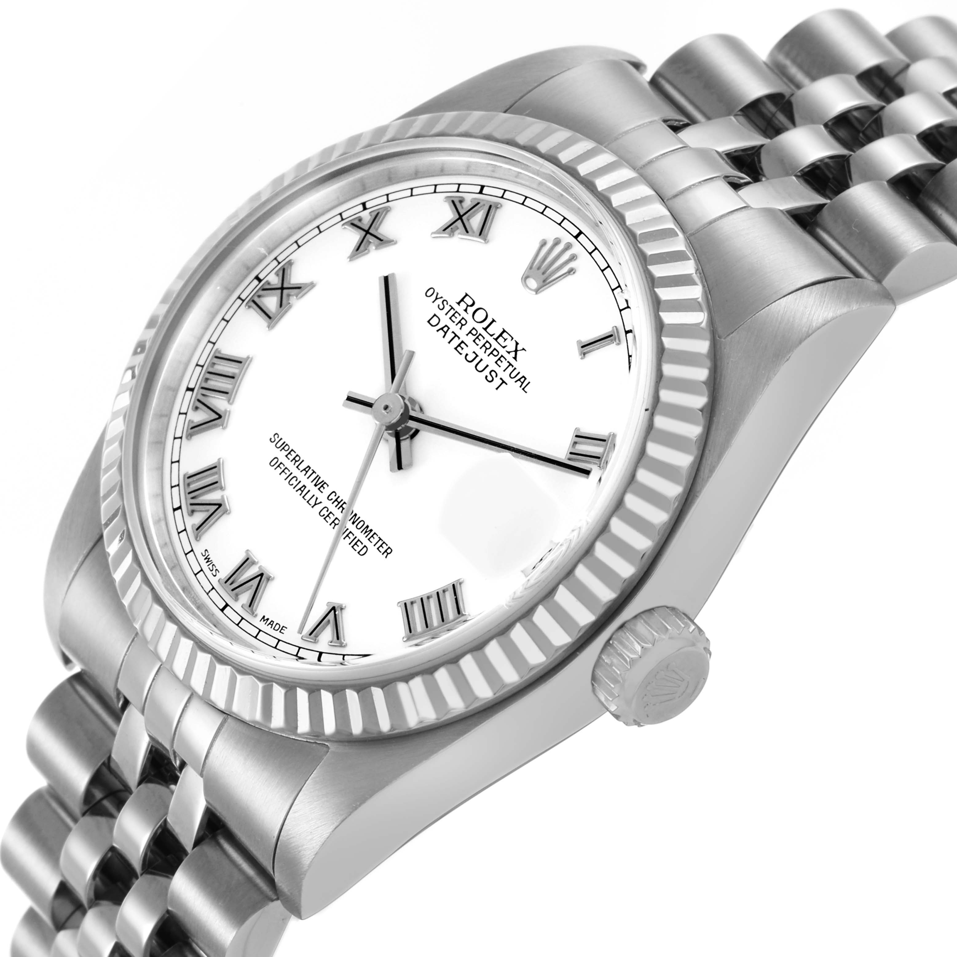 The Rolex Mid-Size 178274 Women's Stainless Steel White Dial model is shown at an angled view, highlighting the white dial, Roman numerals, fluted bezel, and Jubilee bracelet.