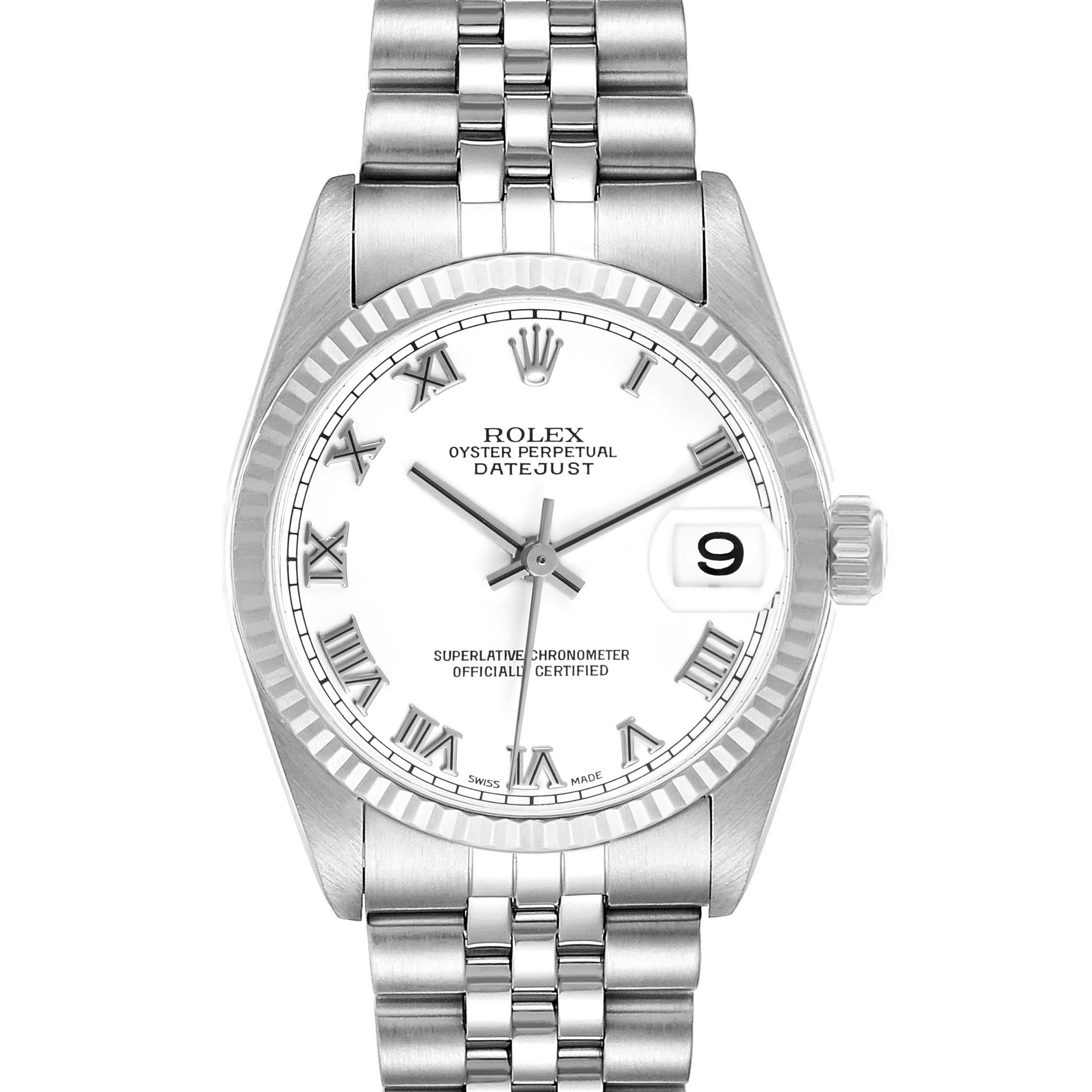 The Rolex Datejust Mid-Size watch is shown from the front, displaying the dial, bezel, crown, and bracelet.