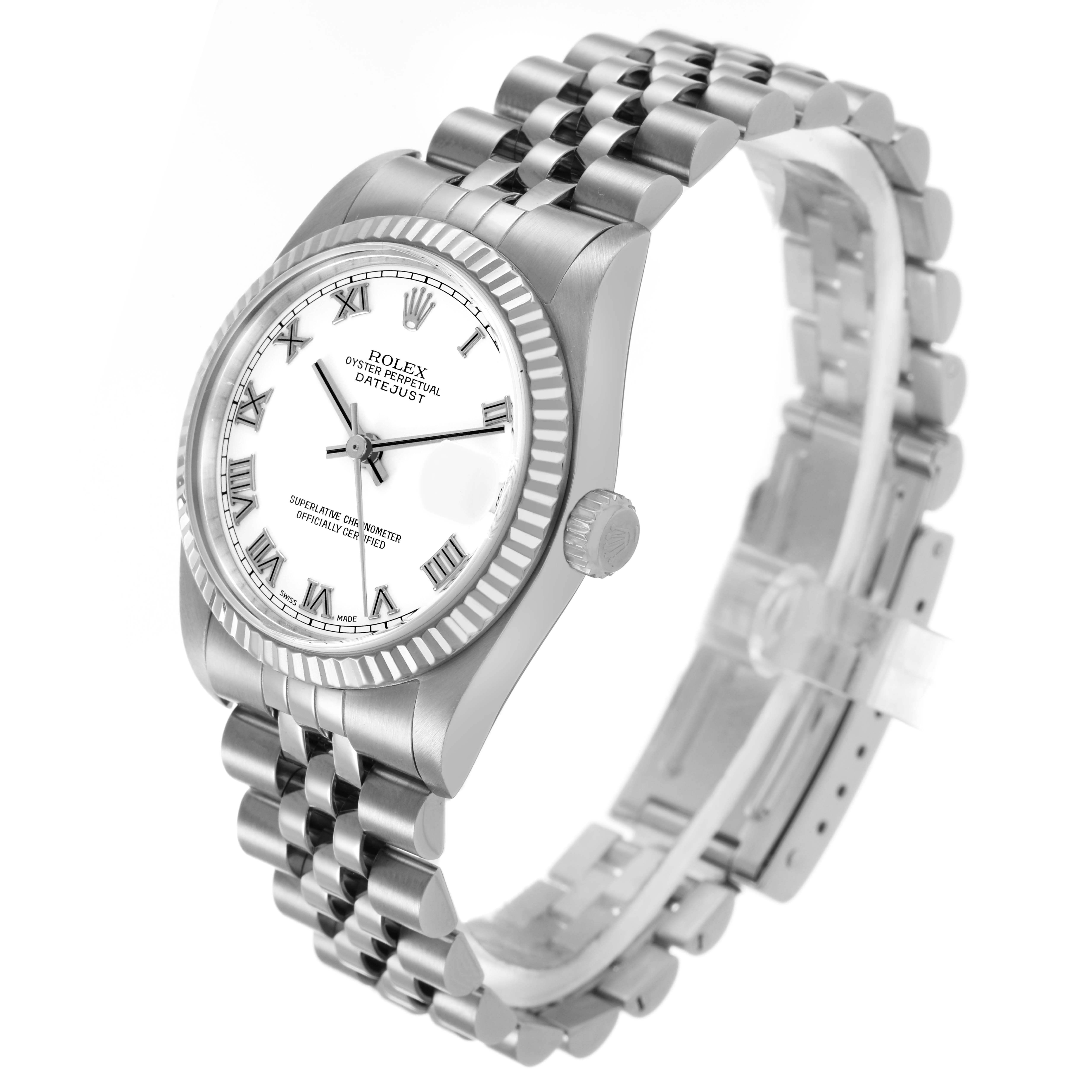 The Rolex Mid-Size 178274 Women's Stainless Steel White Dial watch is shown at a slight angle, highlighting the dial, bezel, crown, and bracelet.