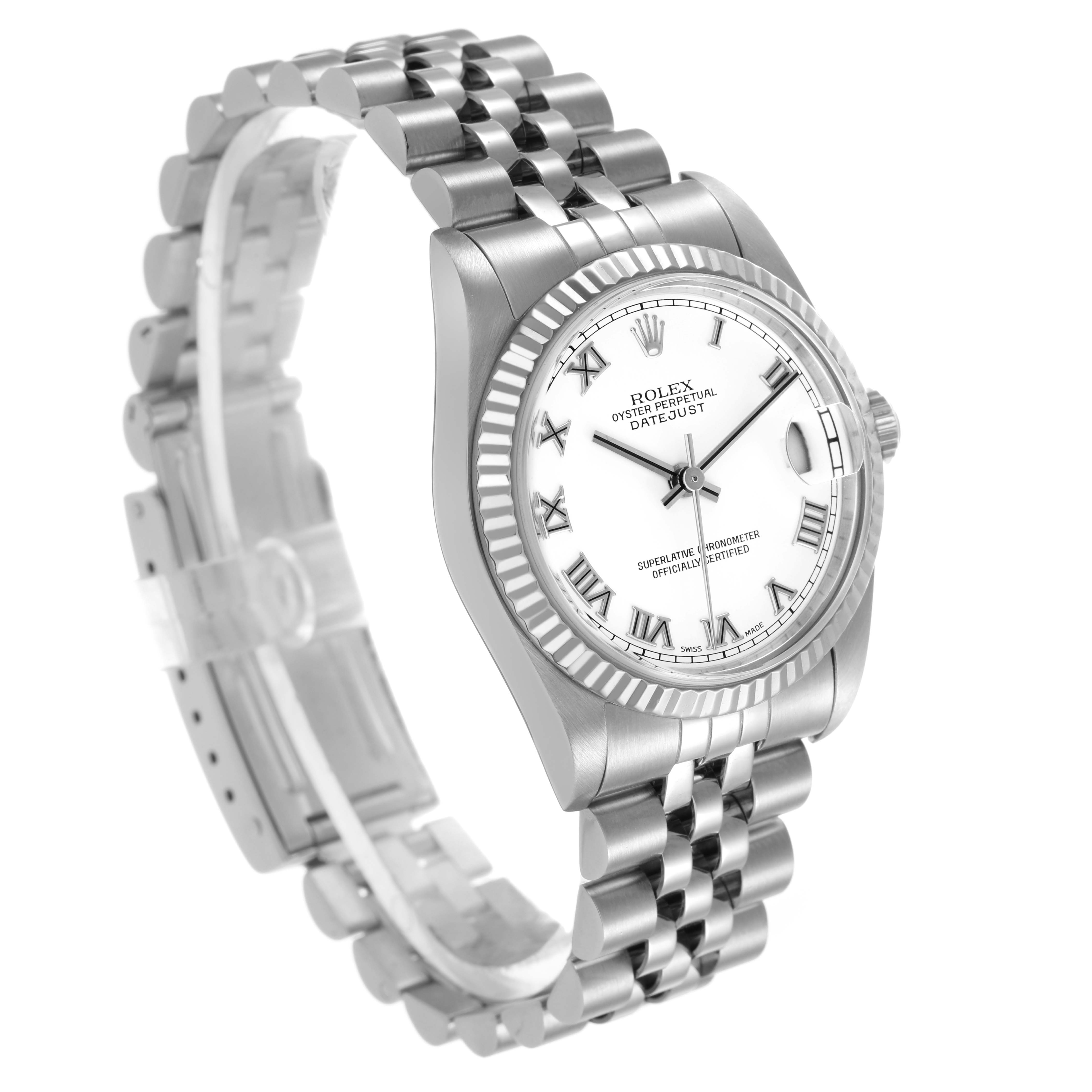 The Rolex Mid-Size 178274 Women's Stainless Steel White Dial watch is shown at a three-quarter angle, displaying the face, bracelet, and side profile.