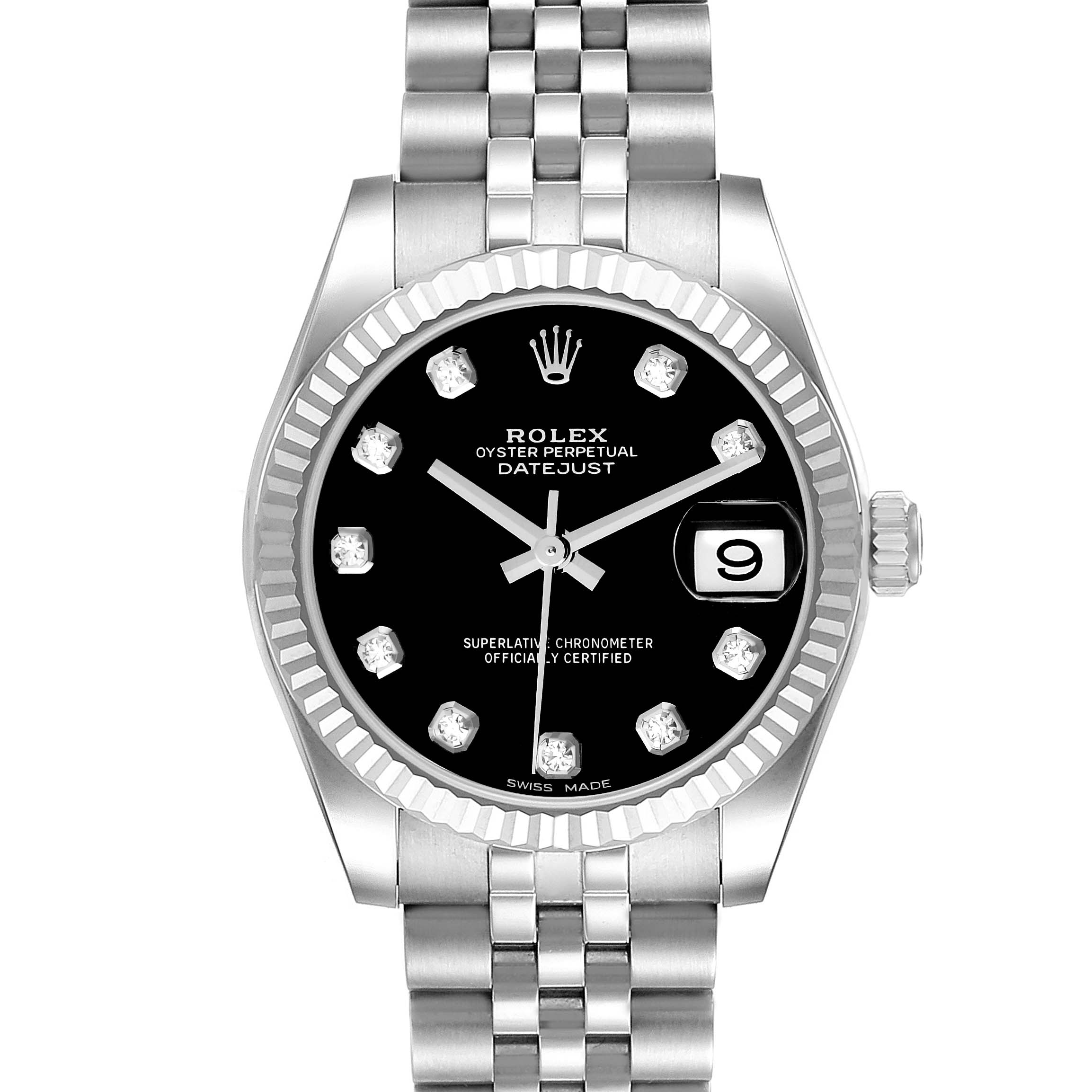 The Rolex Mid-Size 178274 Women
s Stainless Steel Black Dial 178274 Women
s Stainless Steel Black Dial Datejust watch is shown from a top-down angle, displaying the entire face and bracelet.