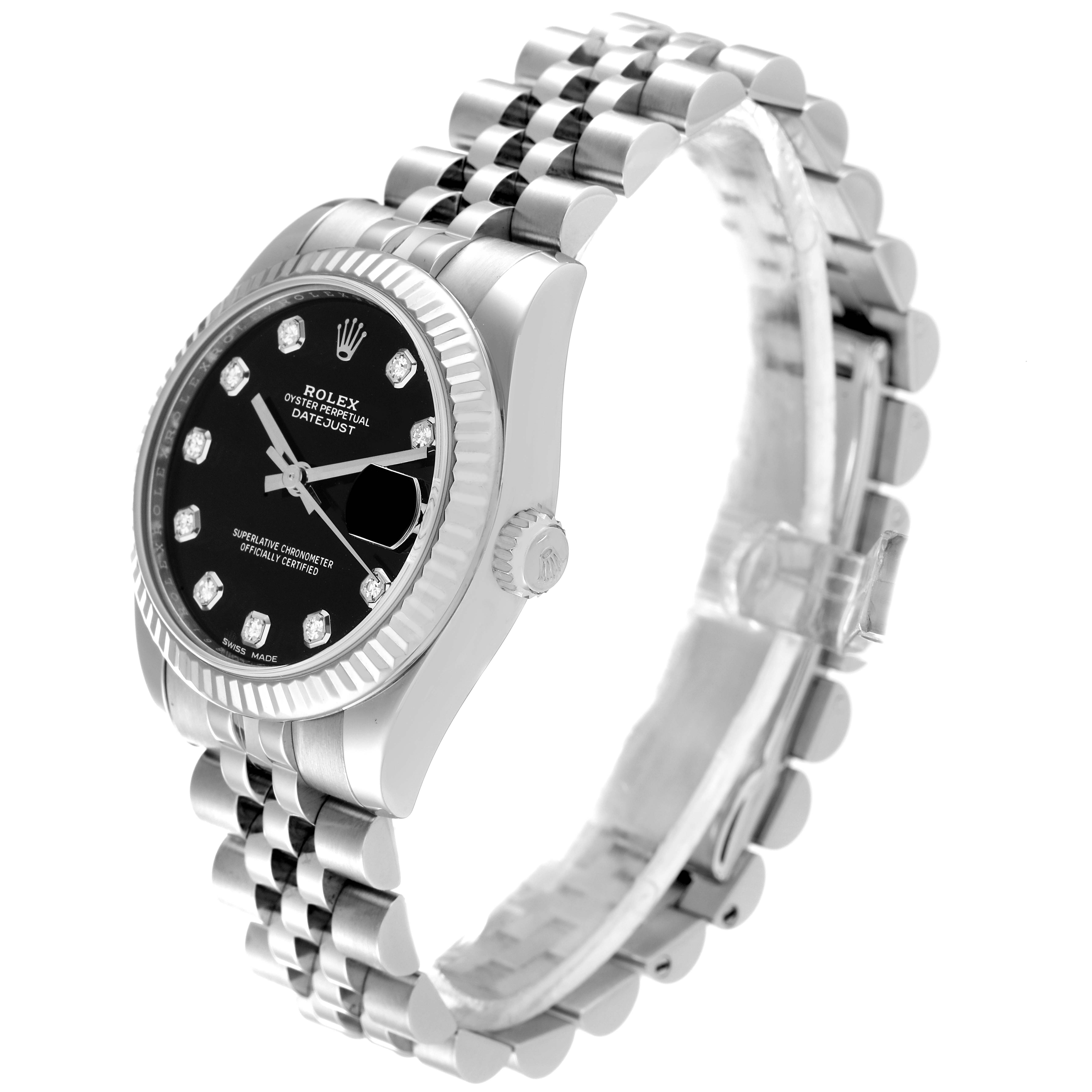 The image shows a Rolex Mid-Size 178274 Women
s Stainless Steel Black Dial 178274 Women
s Stainless Steel Black Dial Datejust watch from a side angle, highlighting the case, crown, and bracelet.