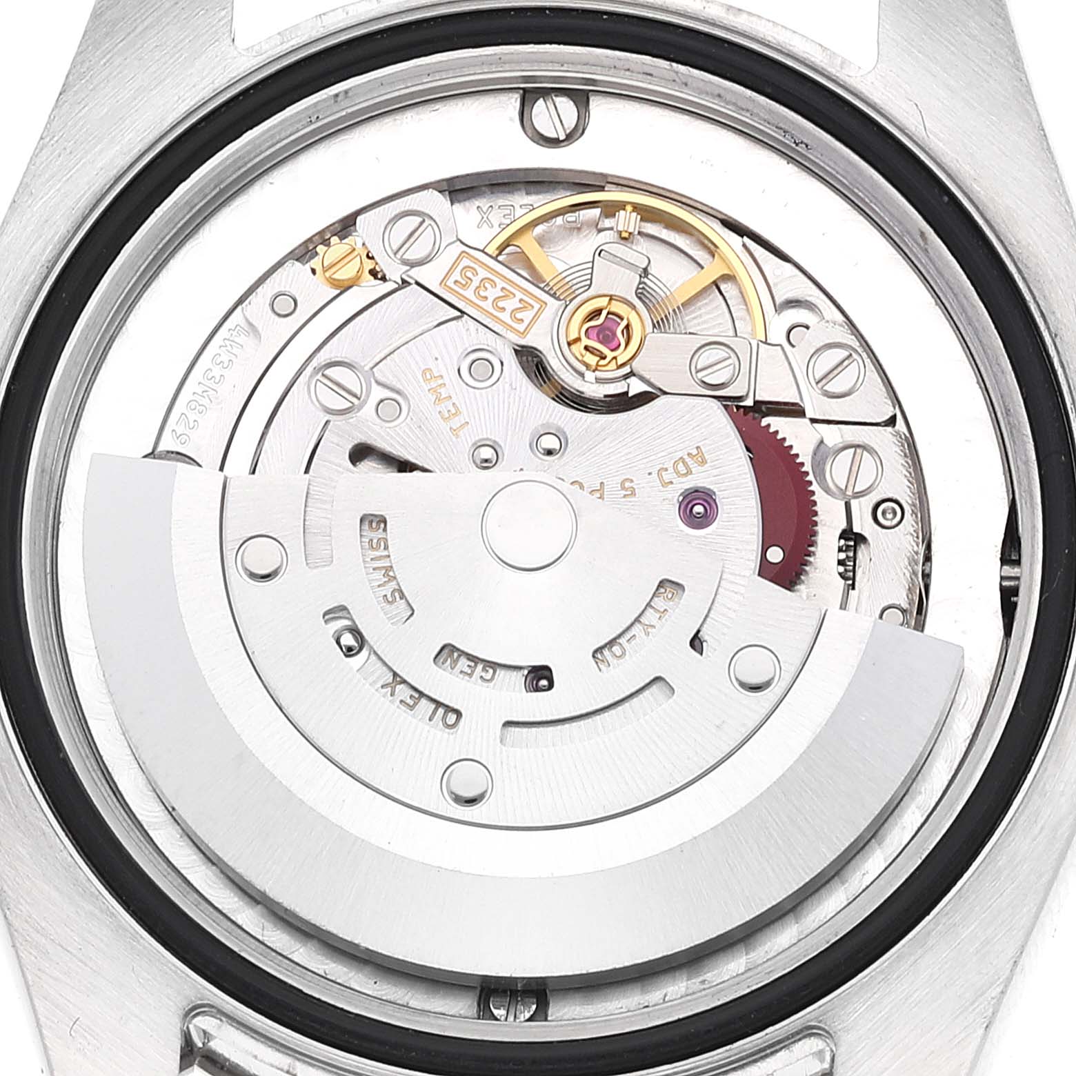 This image shows the movement mechanism of the Rolex Mid-Size 178274 Women
s Stainless Steel Black Dial 178274 Women
s Stainless Steel Black Dial model, viewed from the back of the watch.