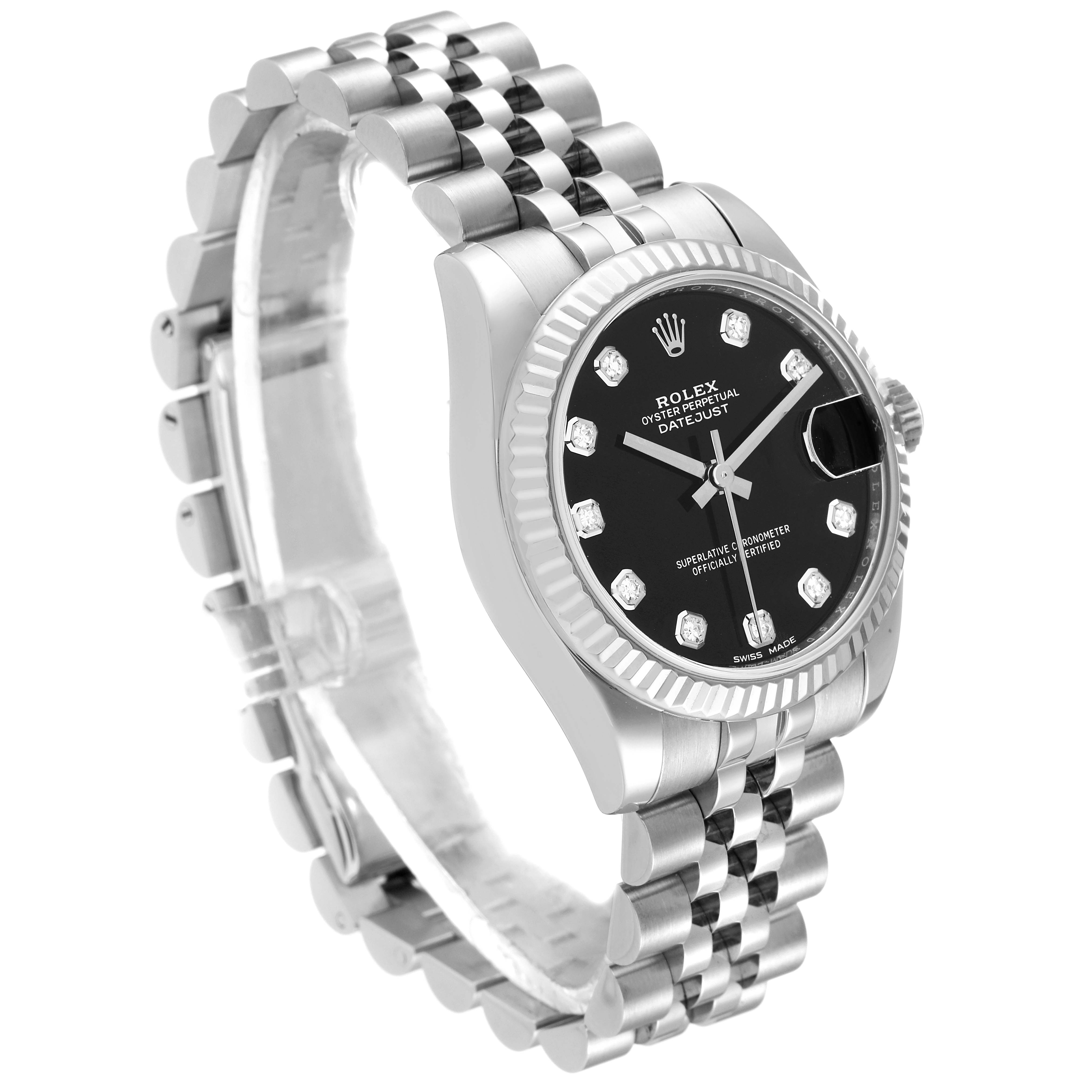 This image shows a front-side angle of a Rolex Mid-Size 178274 Women
s Stainless Steel Black Dial 178274 Women
s Stainless Steel Black Dial Datejust watch, displaying the face, bezel, and bracelet.
