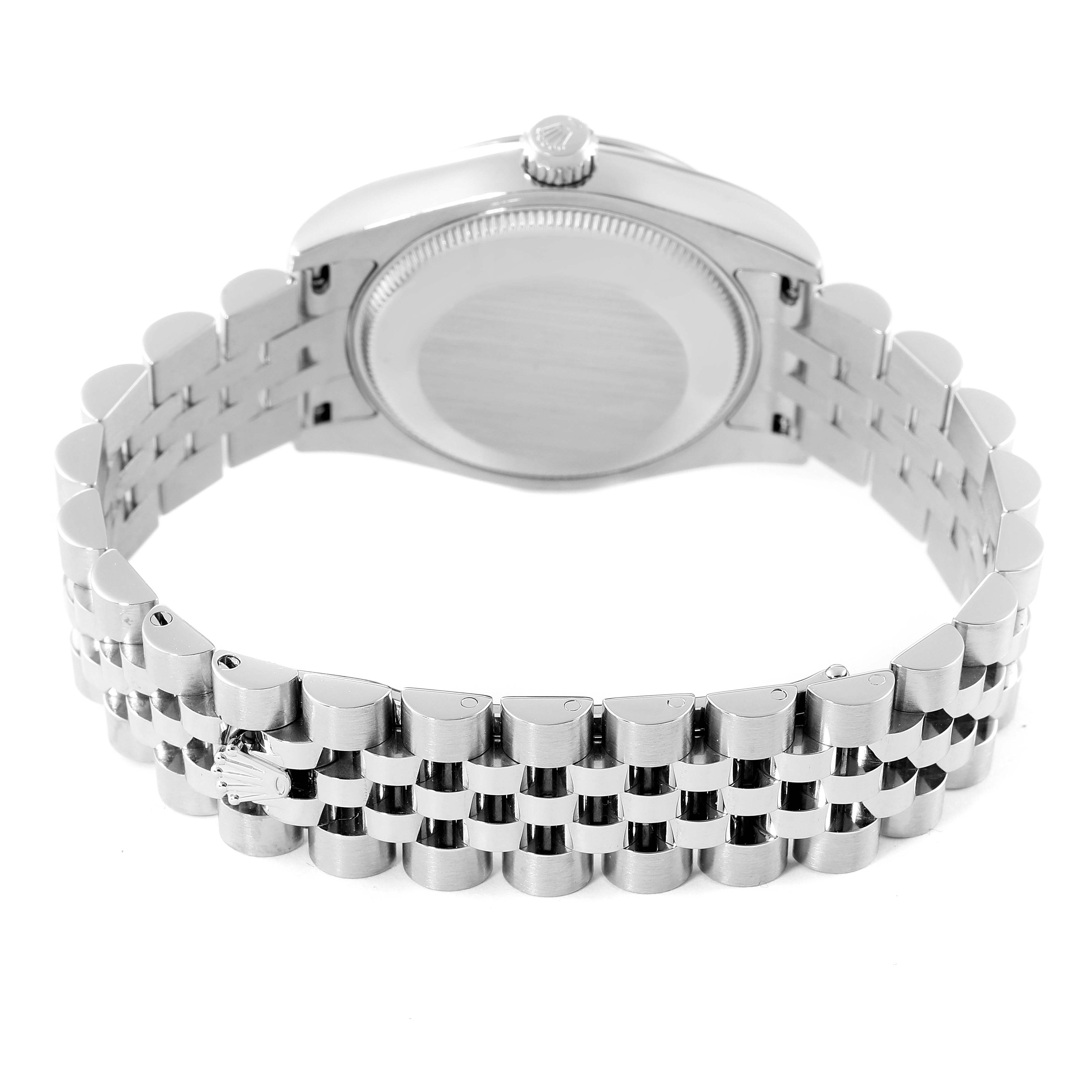 The image shows the back of the case and bracelet of a Mid-Size Rolex watch from a rear angle.