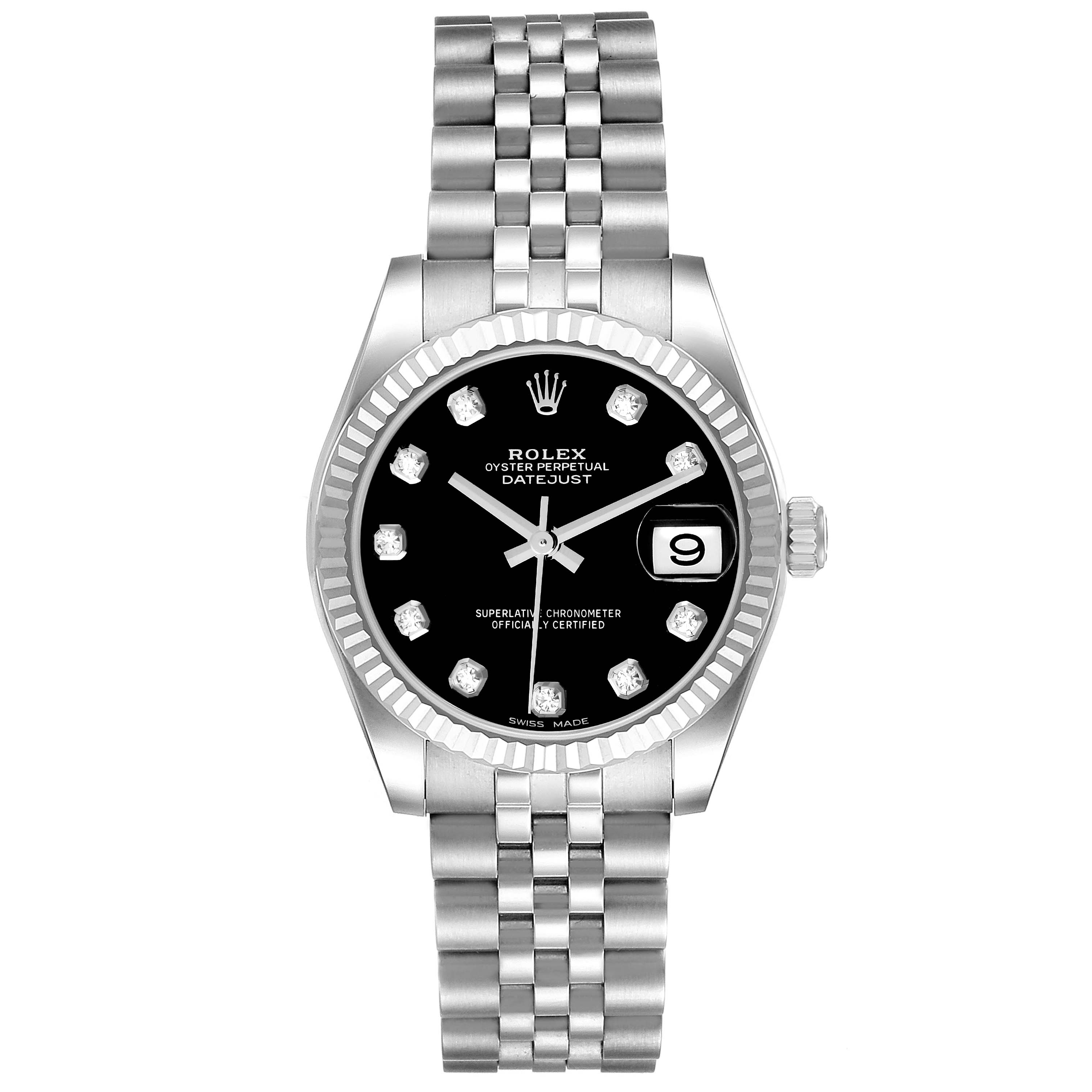 The image shows the front view of a Mid-Size Rolex Datejust watch with a black dial and jubilee bracelet.