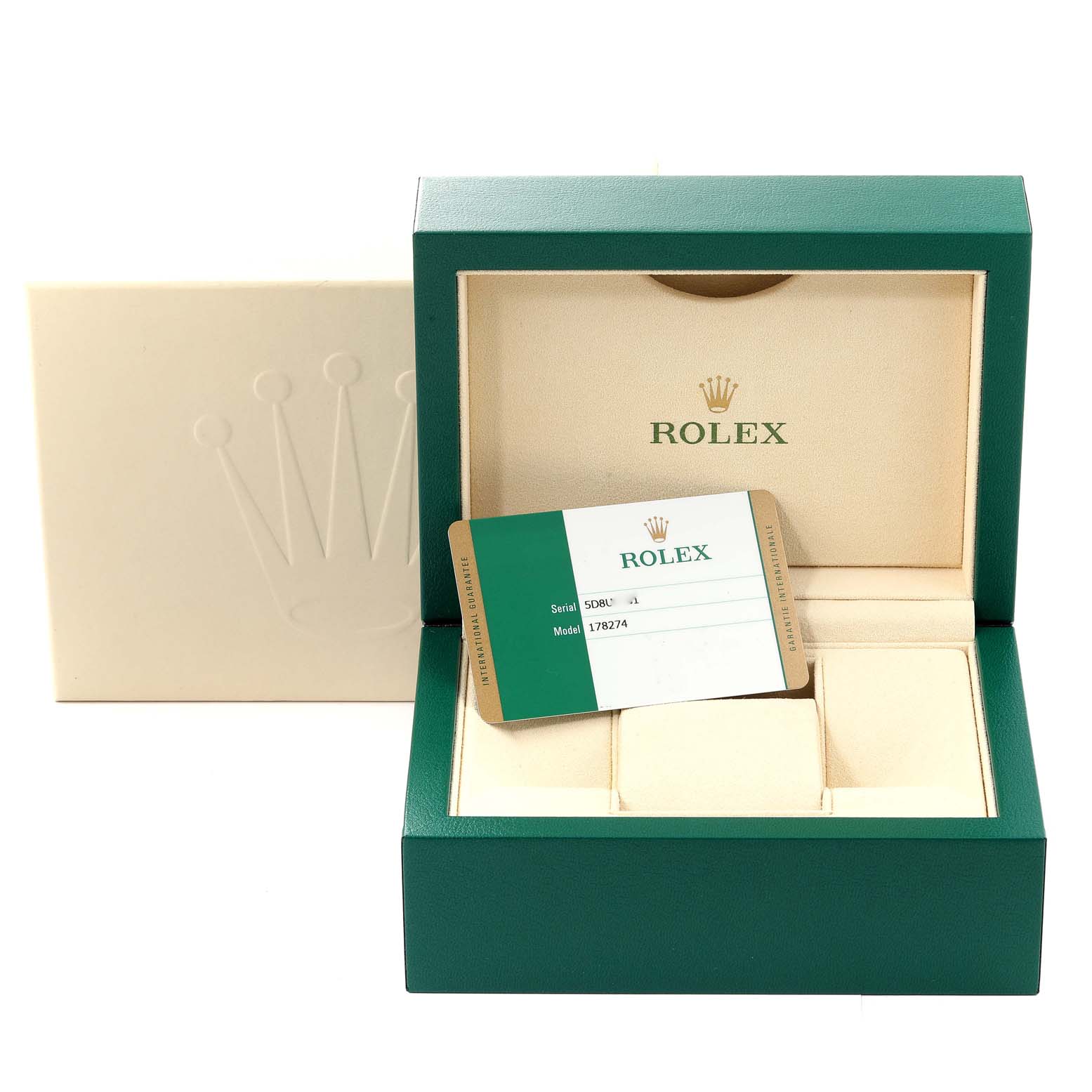 The image shows the open box and certification card for the Rolex Mid-Size 178274 Women
s Stainless Steel Black Dial 178274 Women
s Stainless Steel Black Dial model.