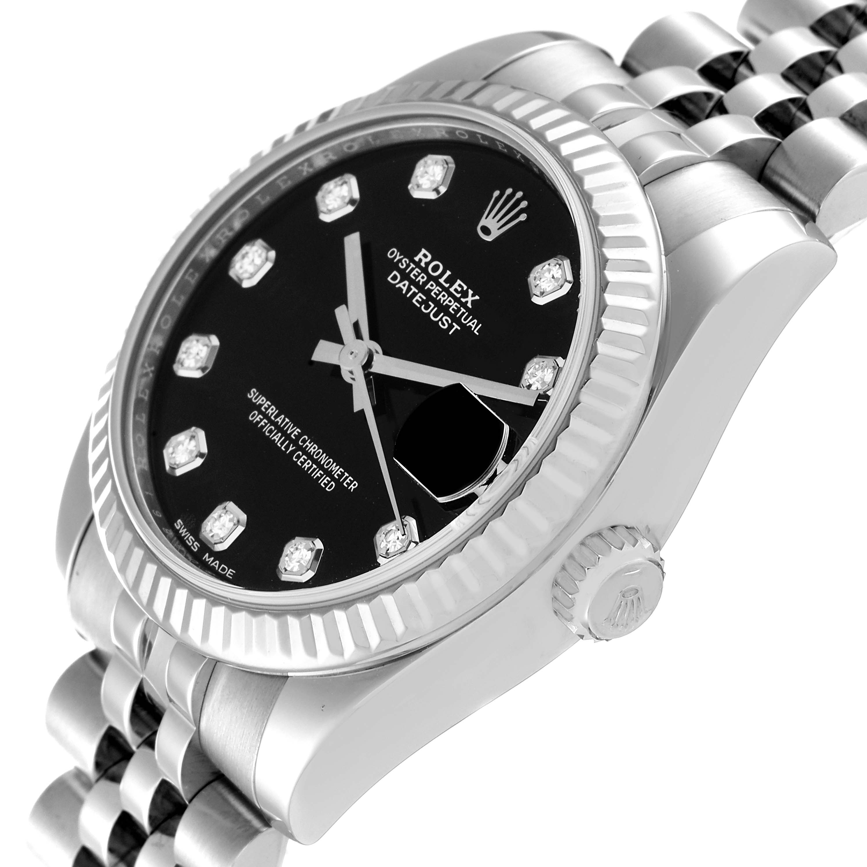 The image showcases a close-up angle of the Rolex Oyster Perpetual Datejust Mid-Size model, highlighting the bezel, dial, crown, and bracelet.