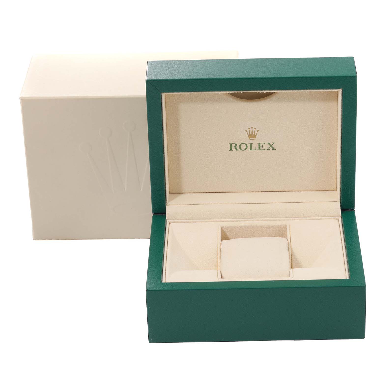 The image shows an open green and beige box for a Rolex Datejust 278344 Women's Stainless Steel Pink Dial 278344 Women's Stainless Steel Pink Dial model watch, including its cushion and storage compartments.