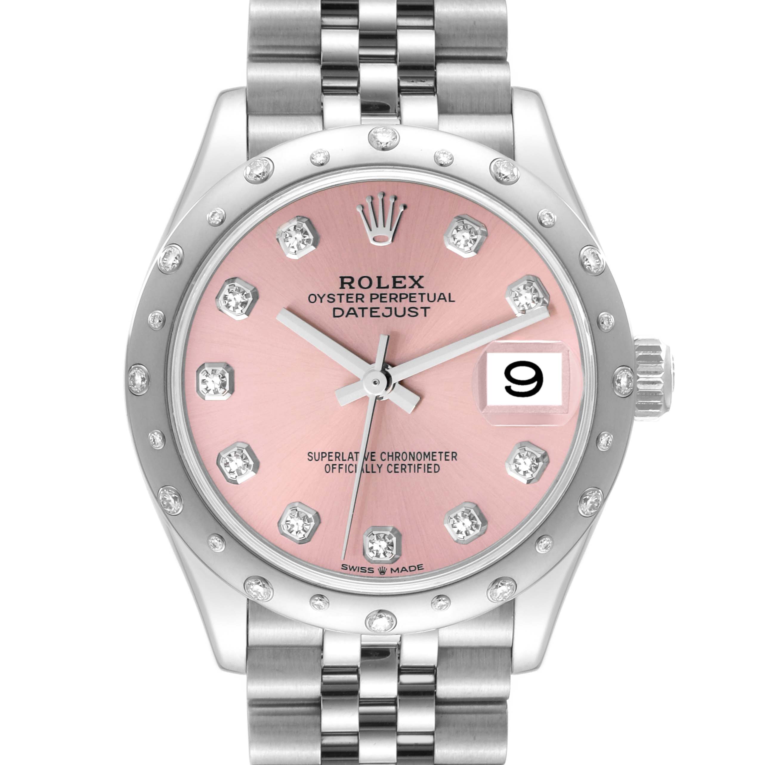The image shows a front view of a Rolex Datejust 278344 Women's Stainless Steel Pink Dial 278344 Women's Stainless Steel Pink Dial watch, highlighting its pink dial, diamond hour markers, date window, and stainless steel bracelet.