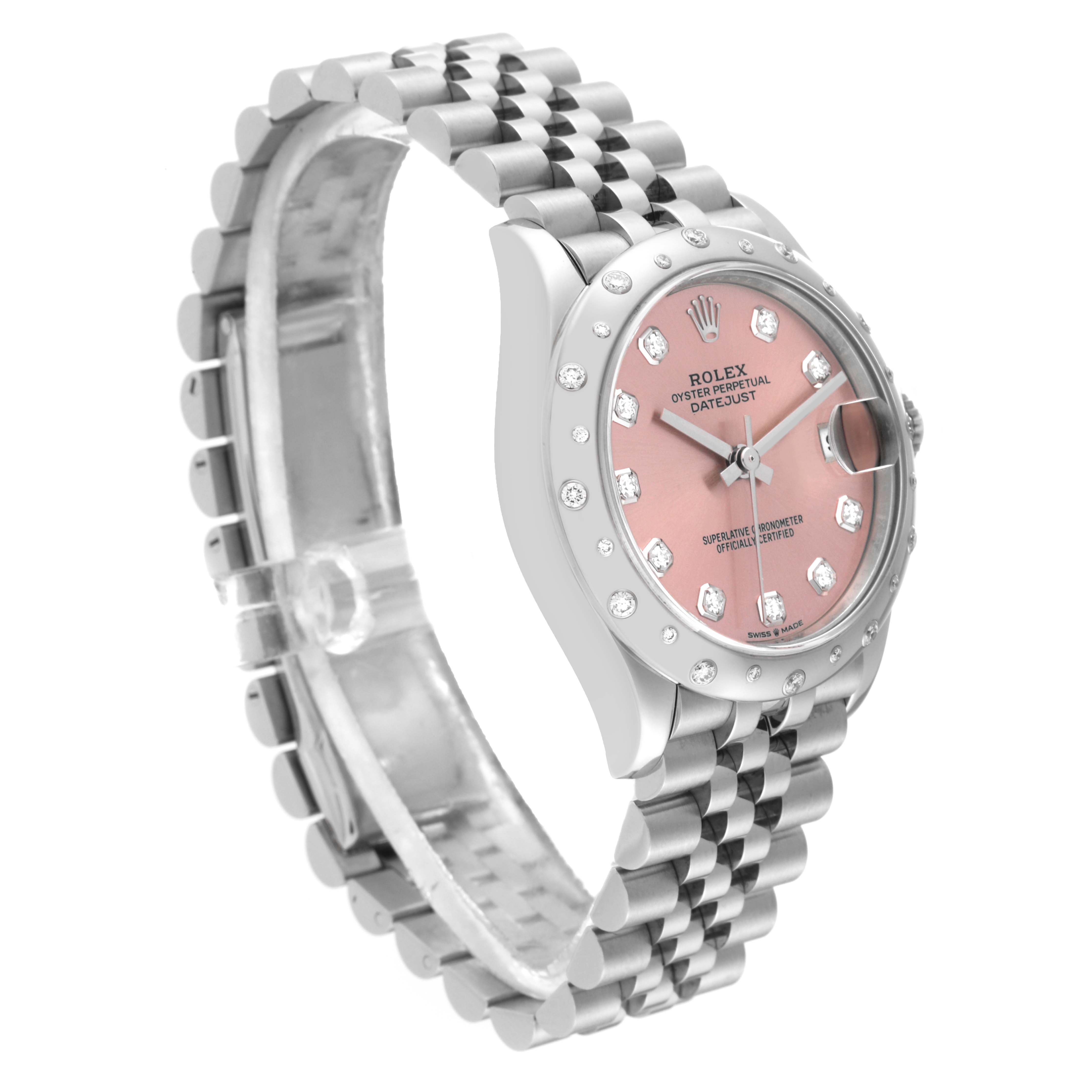 The image shows a side angle of a Rolex Datejust 278344 Women's Stainless Steel Pink Dial 278344 Women's Stainless Steel Pink Dial watch, highlighting its bracelet, pink dial, and diamond-studded bezel.