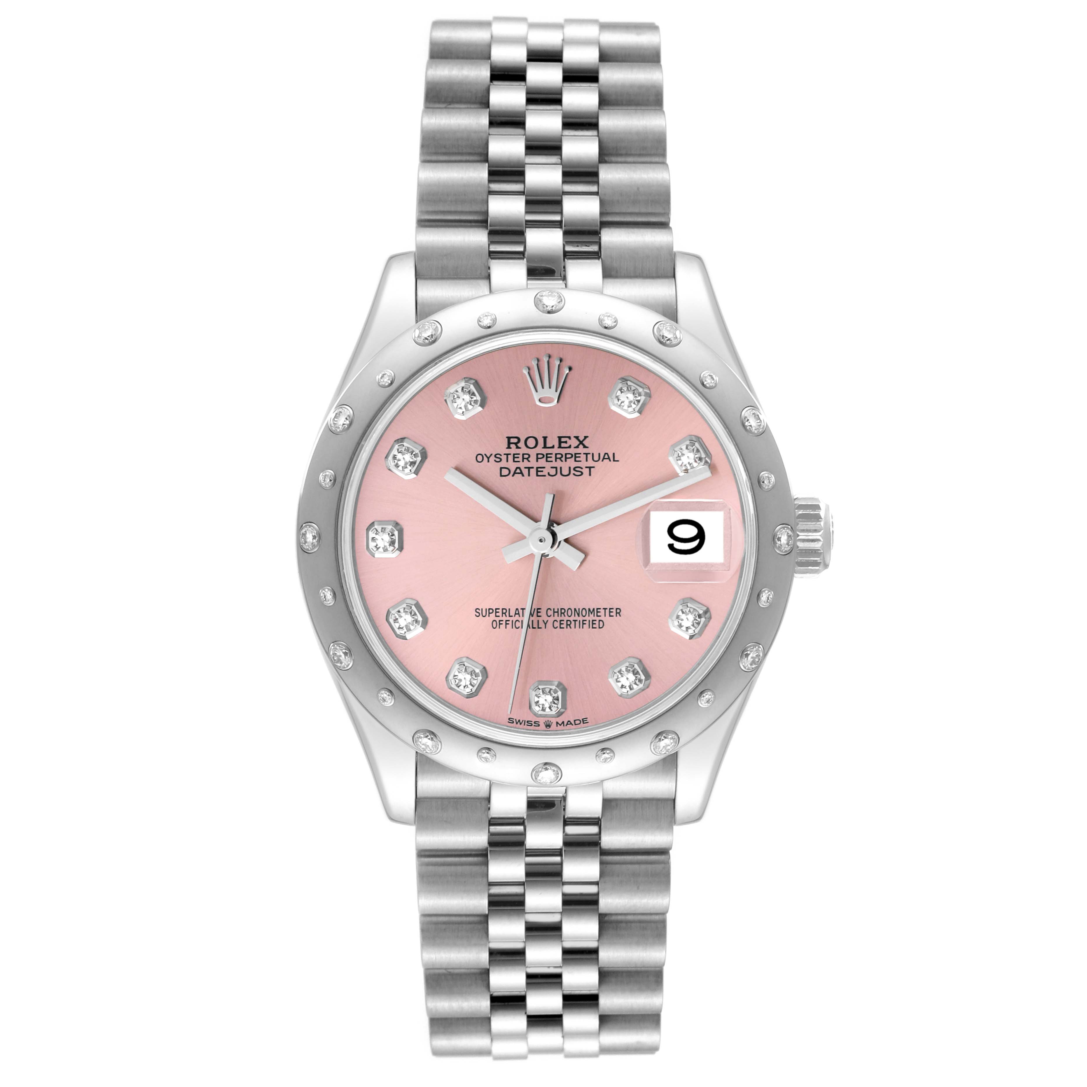The Rolex Datejust 278344 Women's Stainless Steel Pink Dial 278344 Women's Stainless Steel Pink Dial watch is shown from a front angle, displaying its pink dial, diamond hour markers, and metal bracelet.