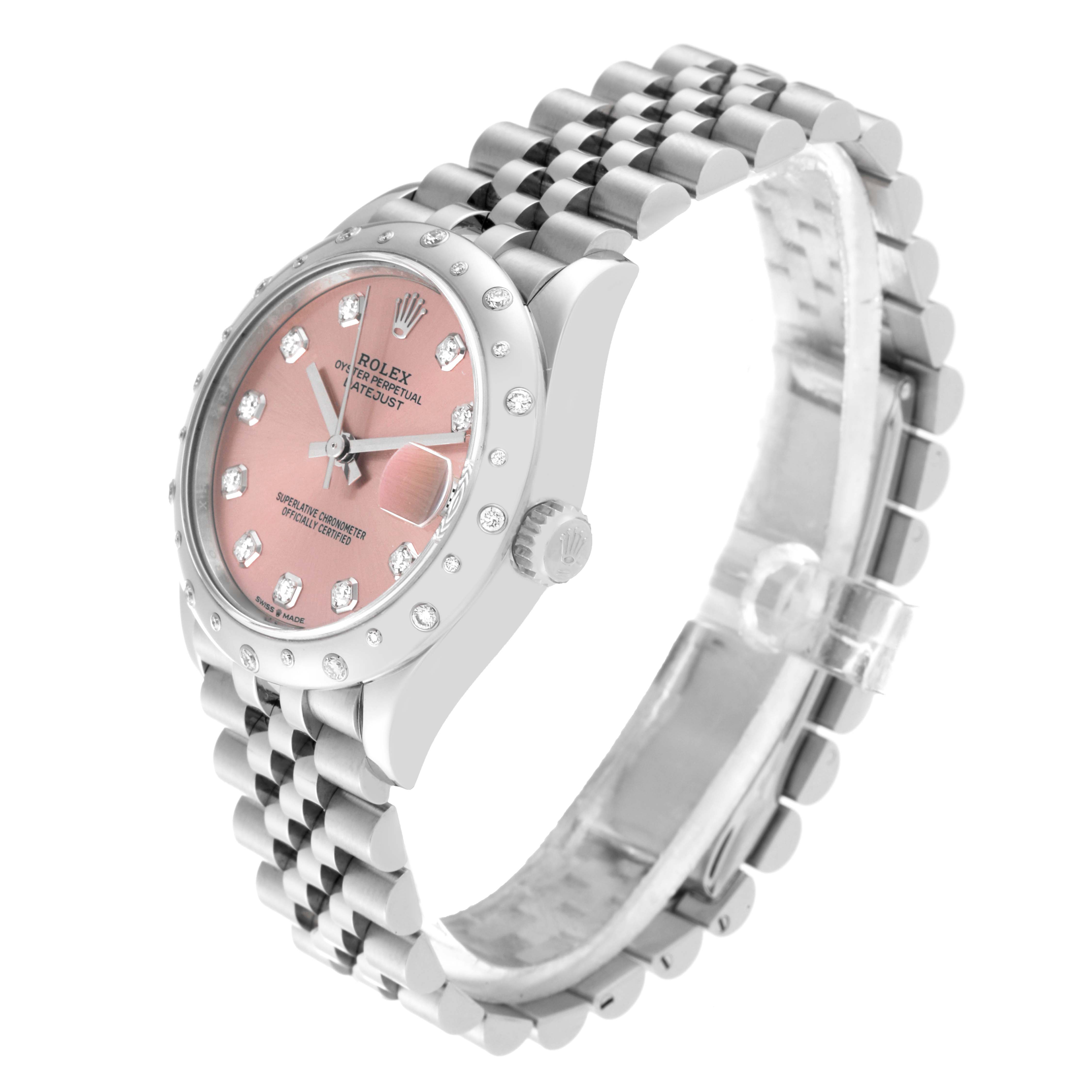 The Rolex Datejust 278344 Women's Stainless Steel Pink Dial 278344 Women's Stainless Steel Pink Dial watch is shown at an angled view highlighting the pink dial, diamond hour markers, and jubilee bracelet.