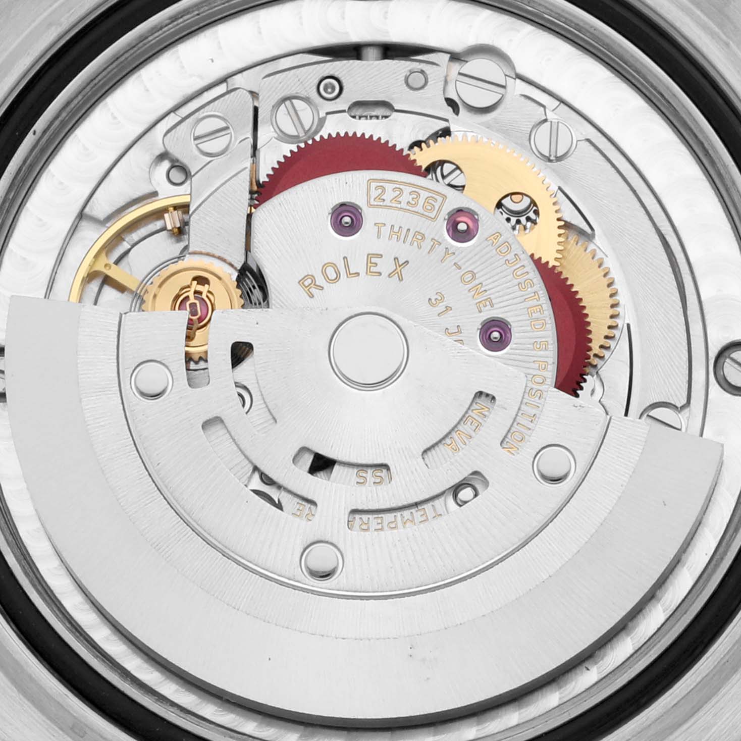 This image shows the movement and intricate internal mechanism of a Rolex Datejust 278344 Women's Stainless Steel Pink Dial 278344 Women's Stainless Steel Pink Dial watch, viewed from the back.