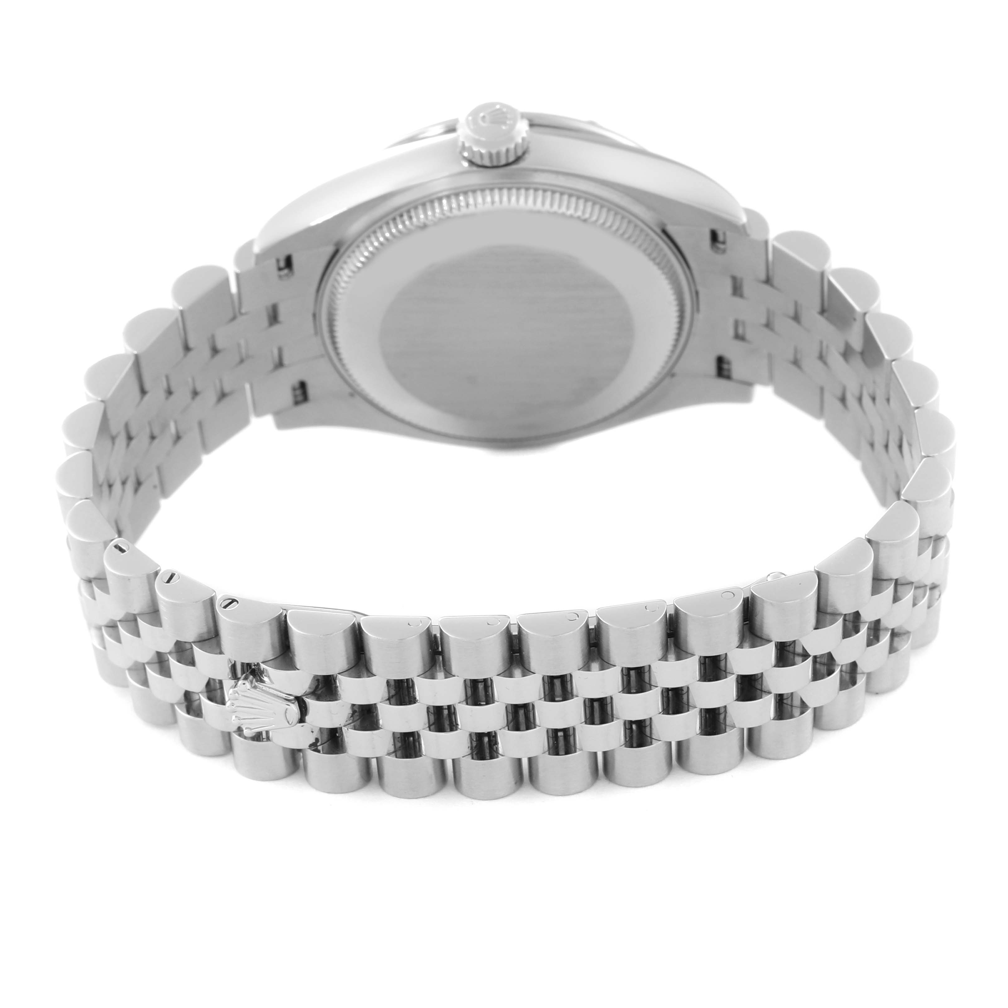 The image shows the back view of the Rolex Datejust 278344 Women's Stainless Steel Pink Dial 278344 Women's Stainless Steel Pink Dial watch, featuring its case back and Jubilee bracelet.