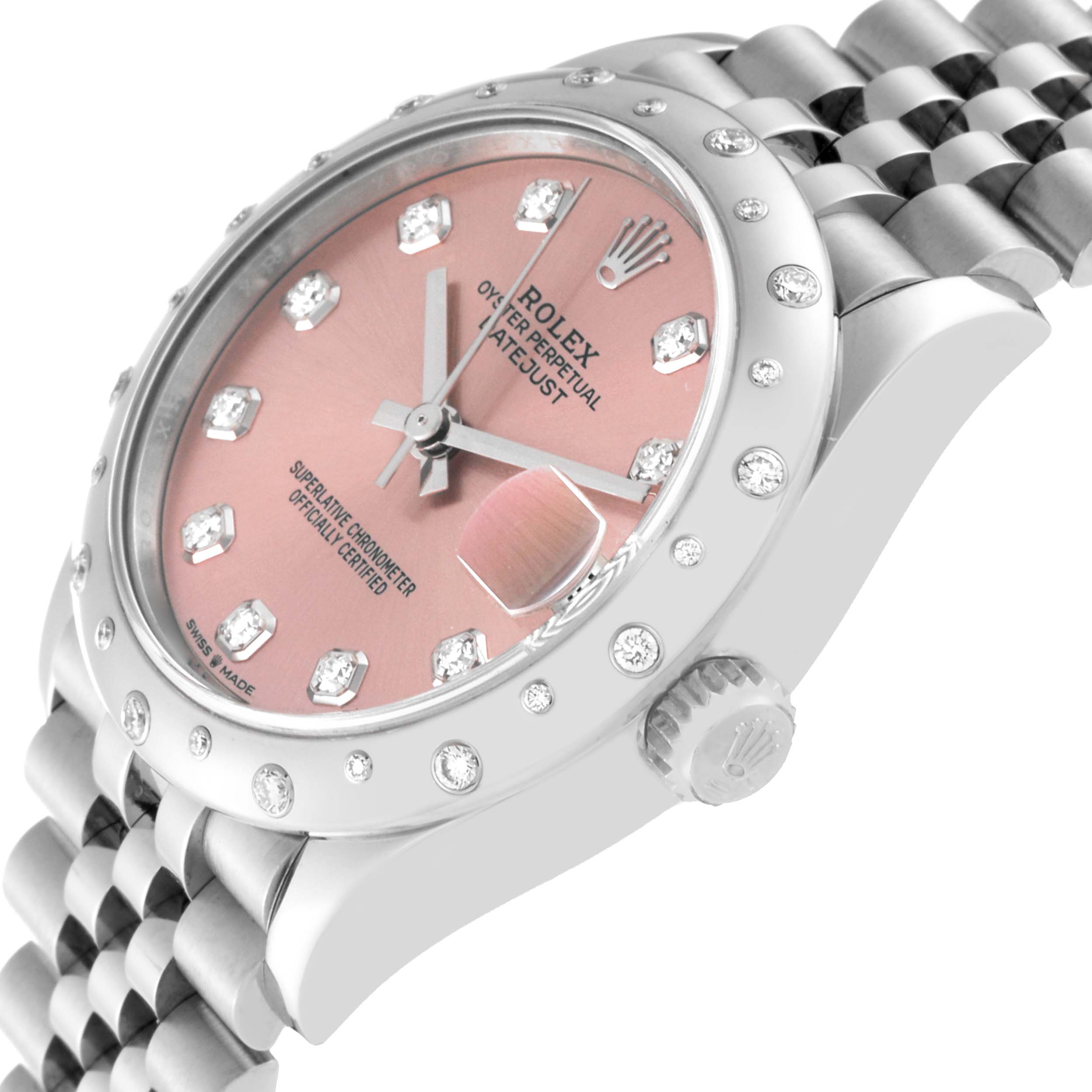 The image shows a tilted angle of the Rolex Datejust 278344 Women's Stainless Steel Pink Dial 278344 Women's Stainless Steel Pink Dial watch, highlighting its pink dial, diamond hour markers, bezel, and part of the bracelet.