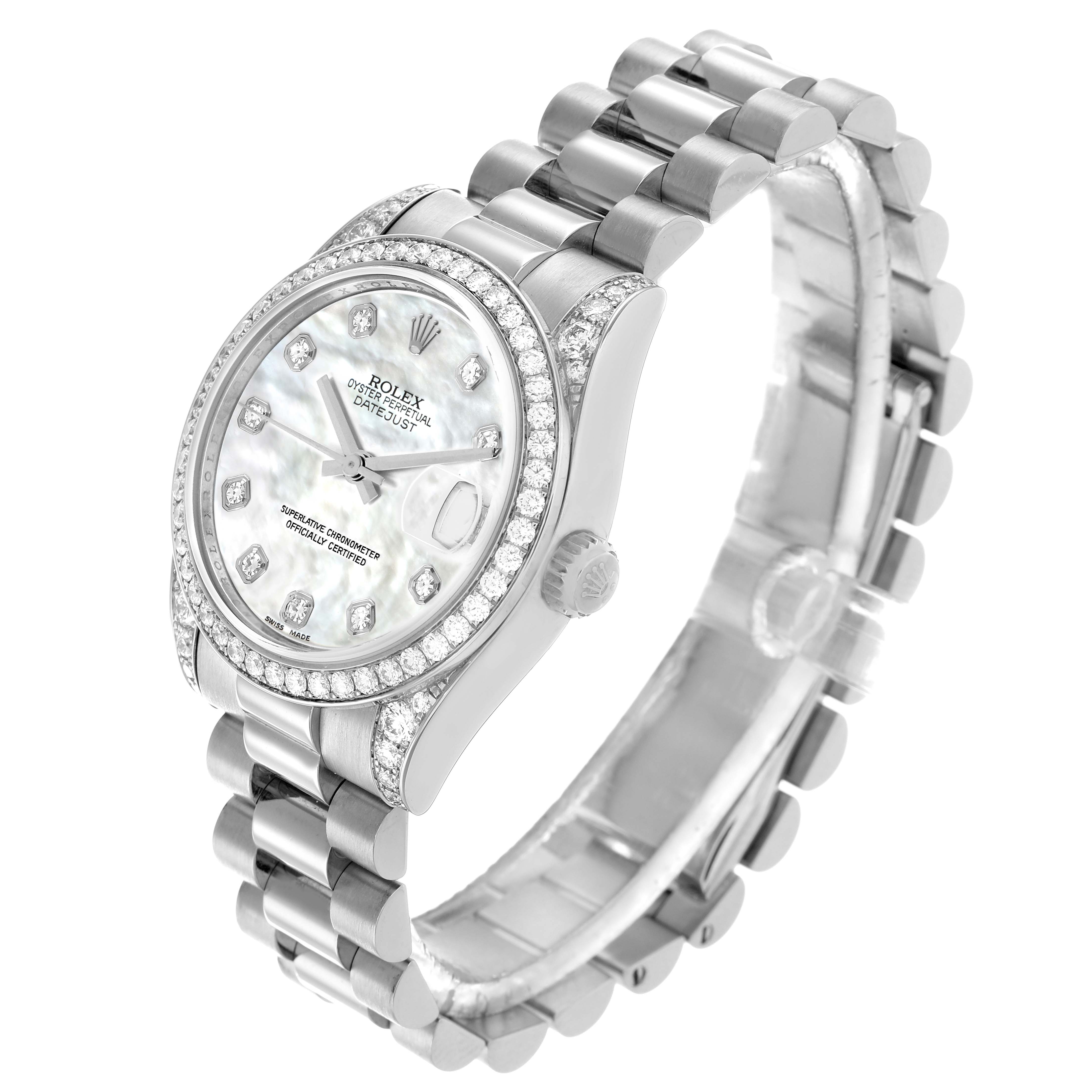 The Rolex President 178159 Women
s White Gold Mother of Pearl Dial watch is shown at a three-quarter angle, highlighting the bracelet, bezel, and diamond-studded dial.