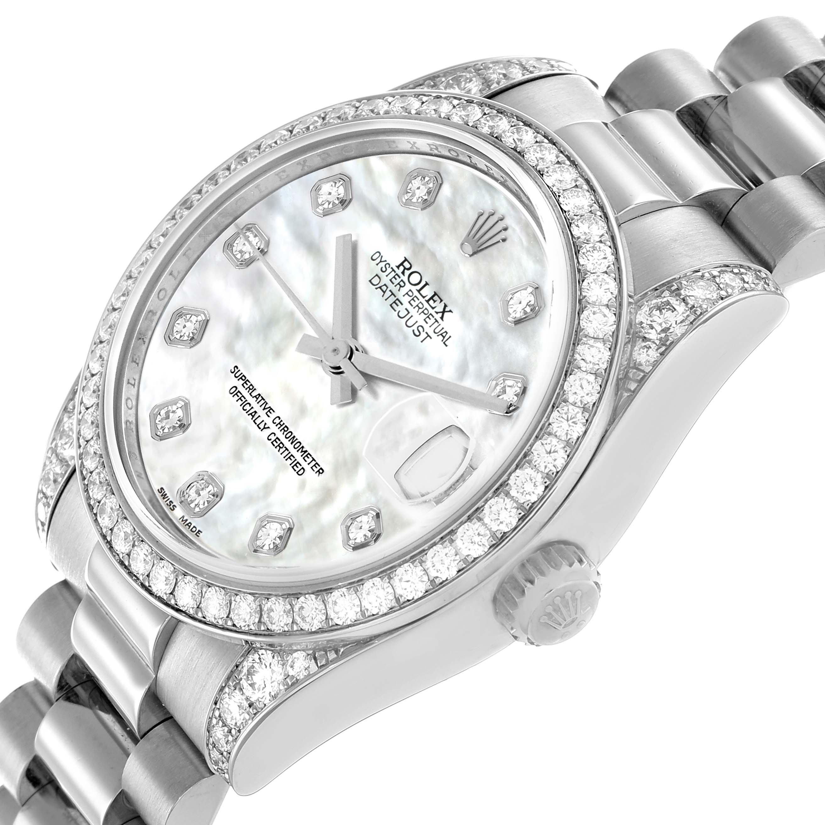 The Rolex President 178159 Women
s White Gold Mother of Pearl Dial model is shown from an angled view, highlighting the diamond-encrusted bezel, dial, and part of the bracelet.