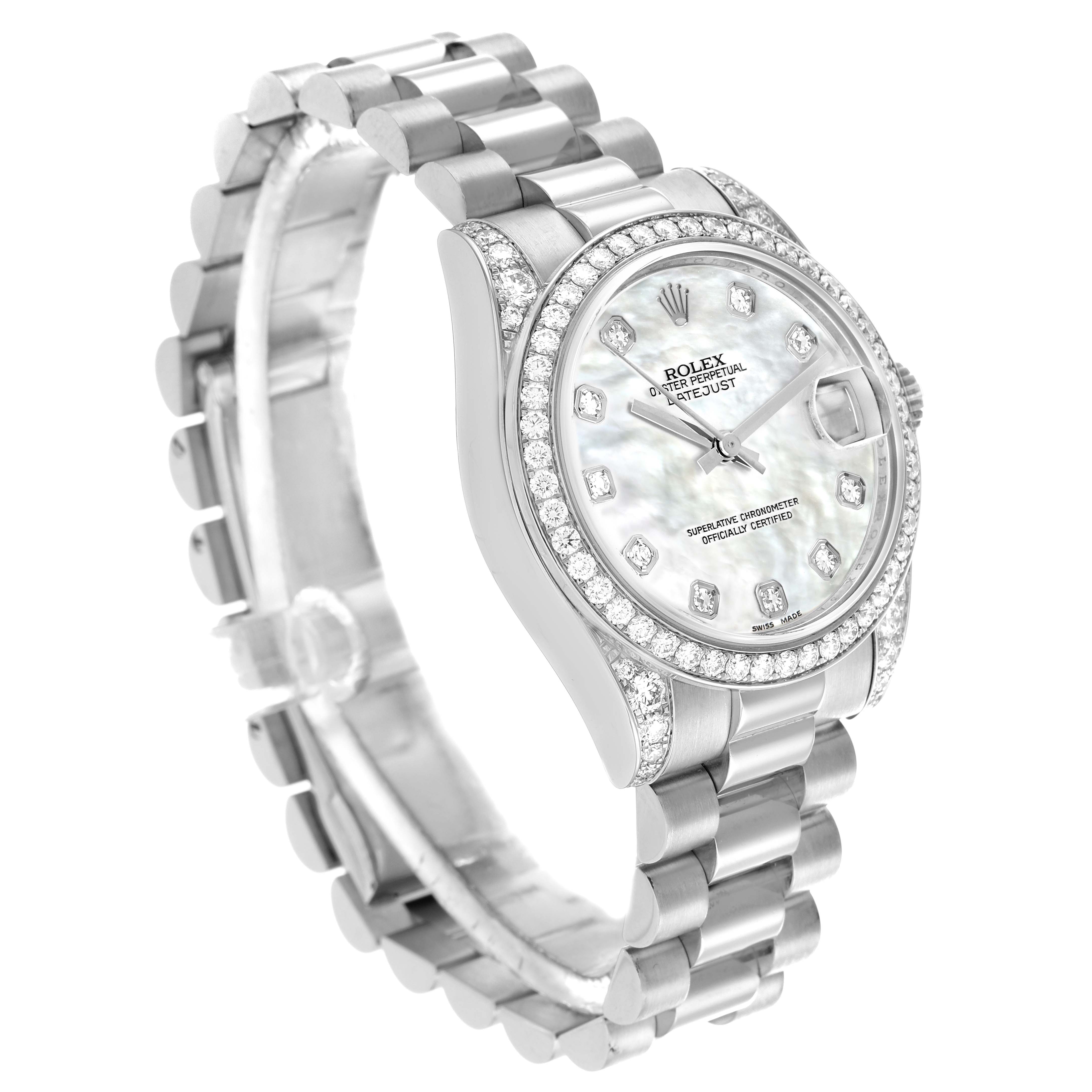 The Rolex President 178159 Women
s White Gold Mother of Pearl Dial watch is shown at an angled side view, displaying its face, bezel, and bracelet.
