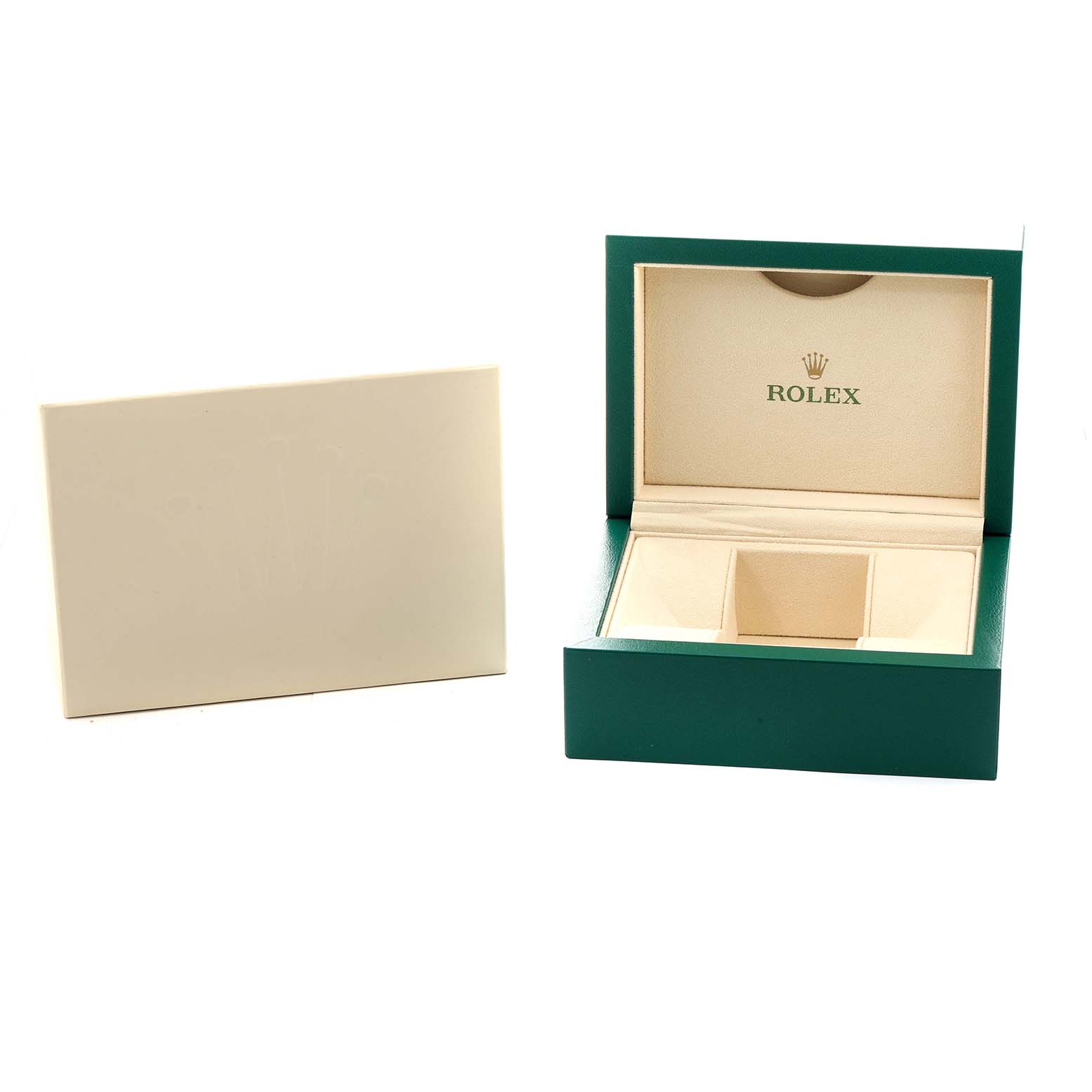 The image shows the open box and outer box for a Rolex President 178159 Women
s White Gold Mother of Pearl Dial model watch.