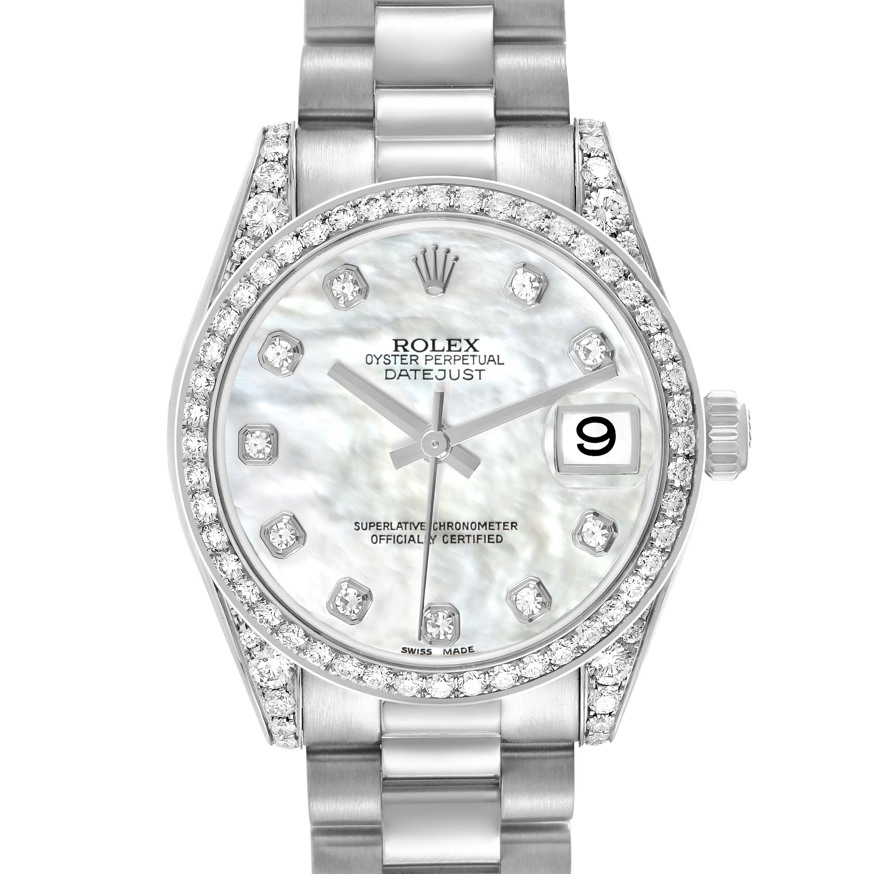 The Rolex President 178159 Women
s White Gold Mother of Pearl Dial model watch is shown from a top-down angle, highlighting the face, bezel, and part of the bracelet.