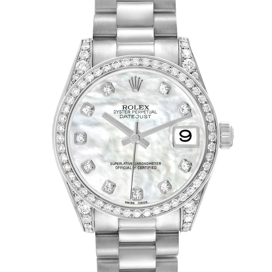 The Rolex President 178159 Women's White Gold Mother of Pearl Dial model watch is shown from a top-down angle, highlighting the face, bezel, and part of the bracelet.
