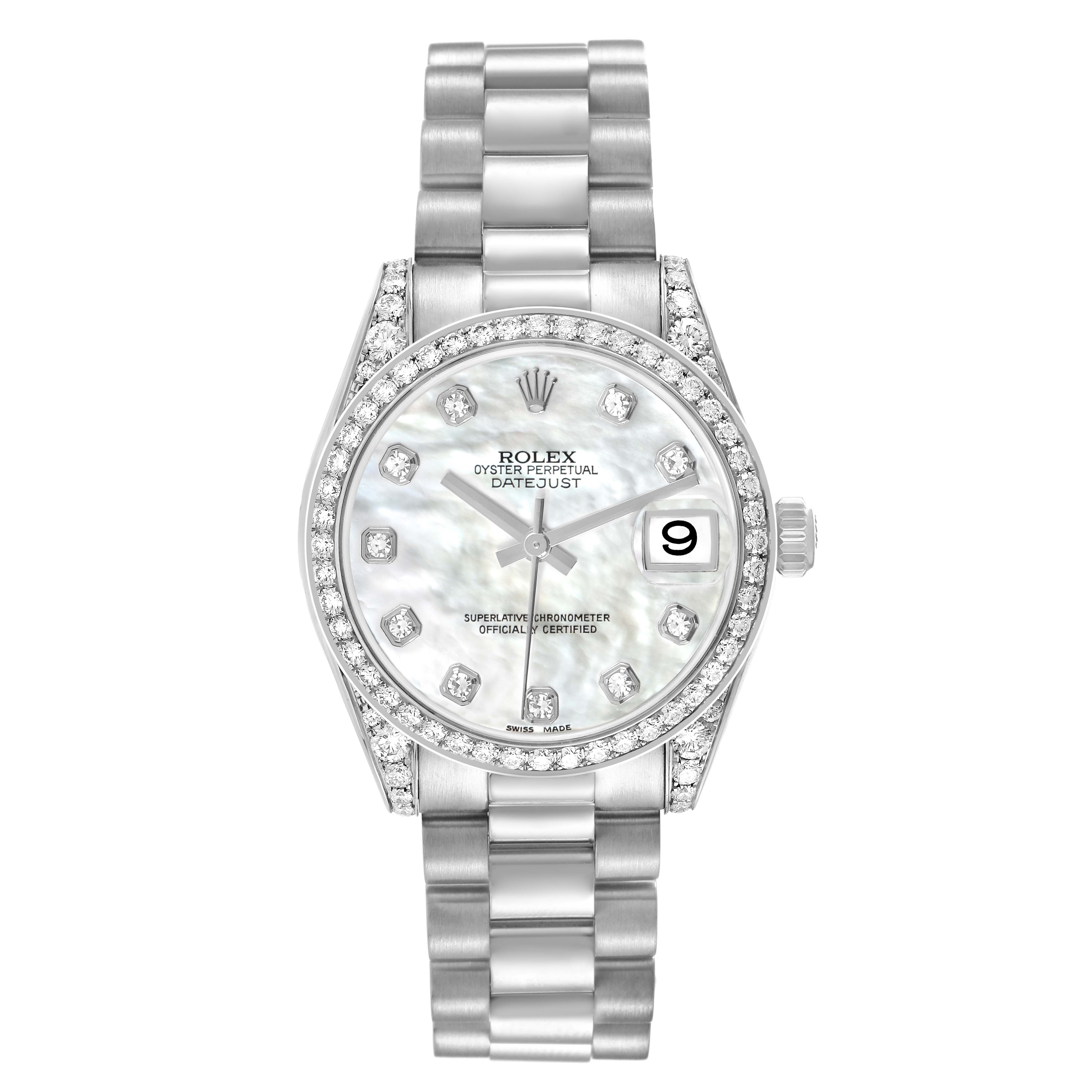 The Rolex President 178159 Women
s White Gold Mother of Pearl Dial model is shown from the front, highlighting its bezel, dial, bracelet, and date function.