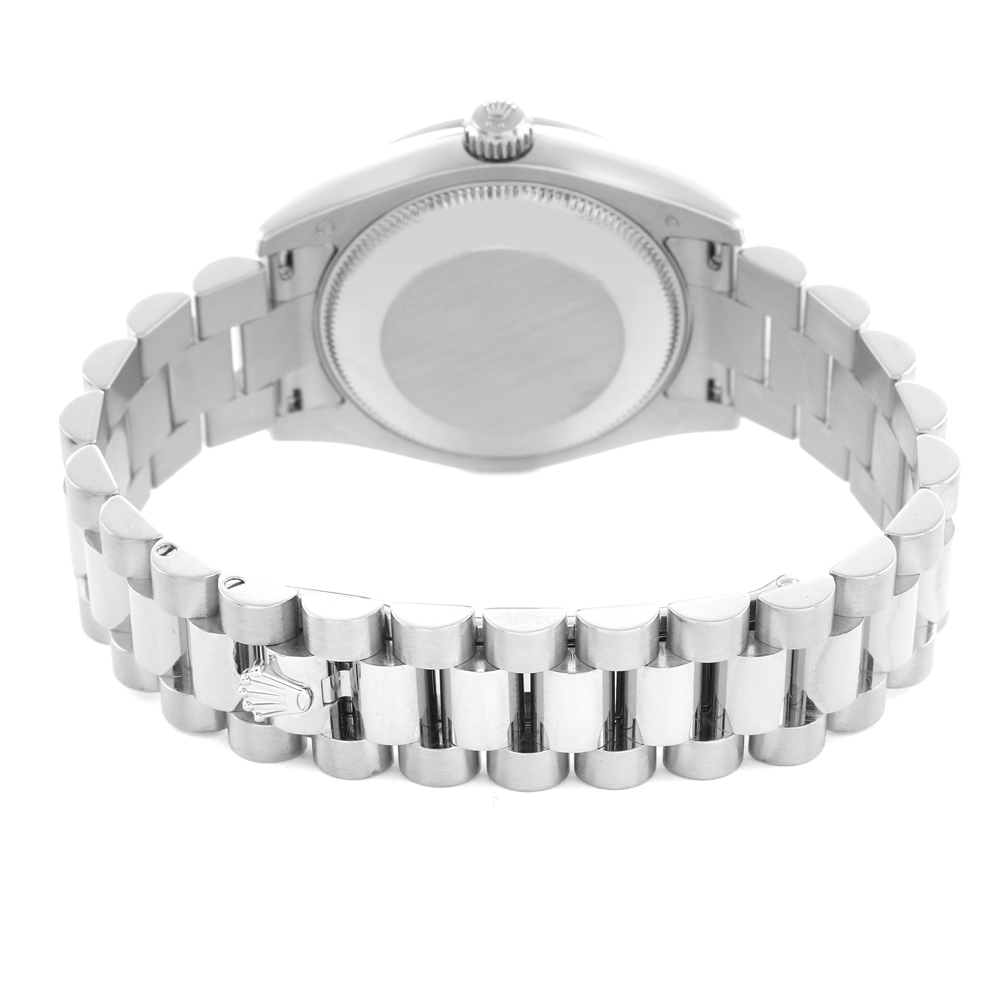 The image shows the back of the Rolex President 178159 Women
s White Gold Mother of Pearl Dial model, highlighting the bracelet and case back.