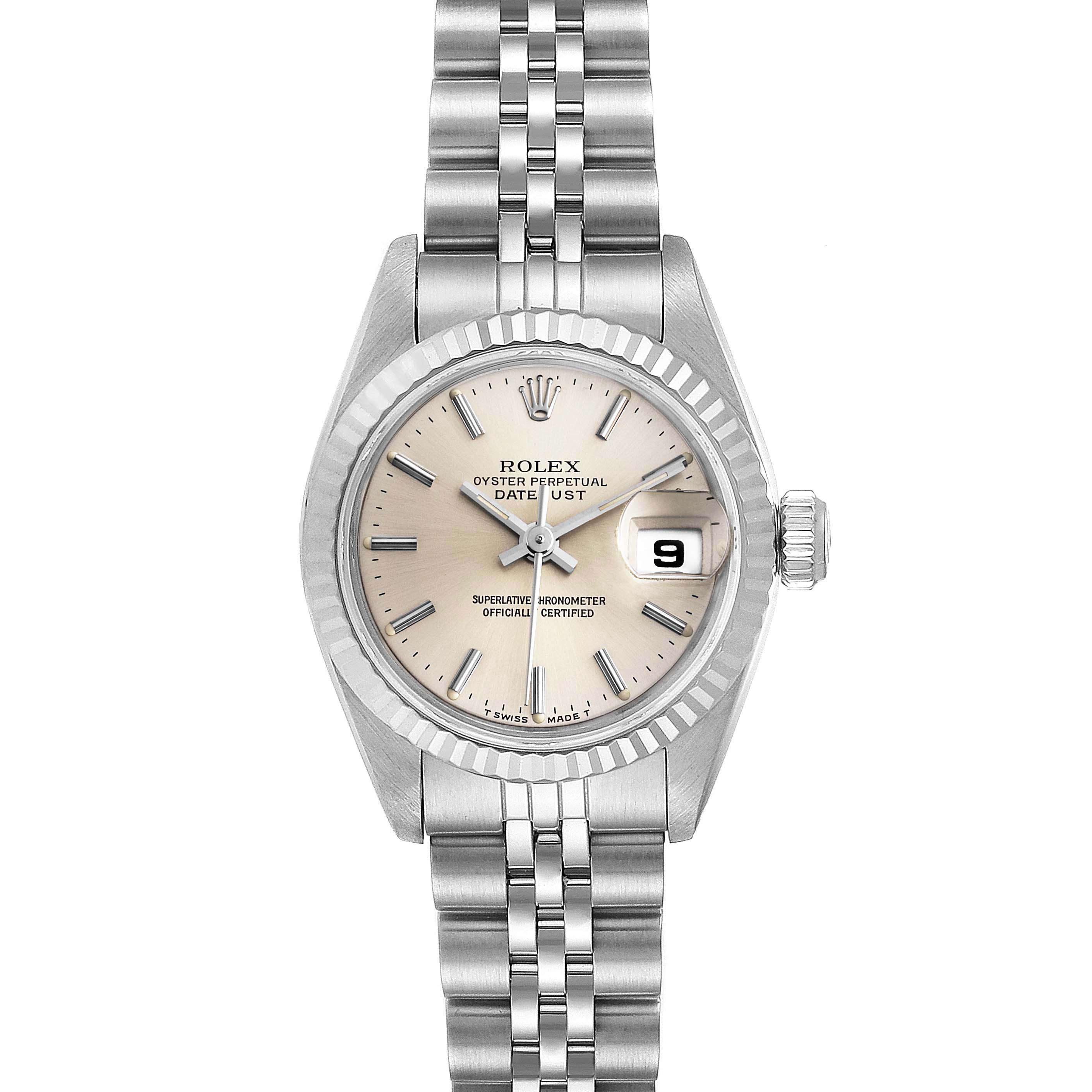 This Rolex Datejust 69174 Women
s Stainless Steel Silver Dial 69174 Women
s Stainless Steel Silver Dial model watch is shown from a top-down angle featuring its face, bezel, crown, and bracelet.