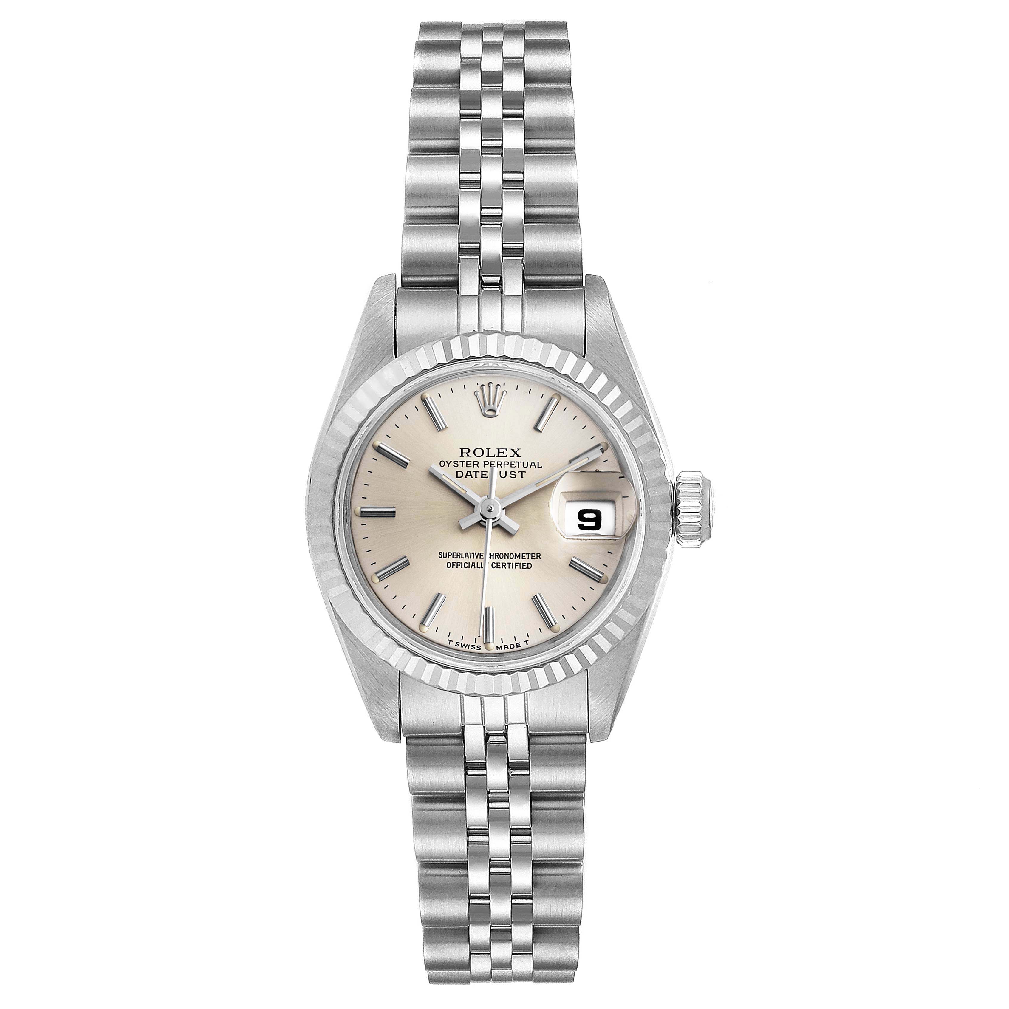 This image shows a Rolex Datejust 69174 Women
s Stainless Steel Silver Dial 69174 Women
s Stainless Steel Silver Dial watch from a top-down angle, highlighting the dial, bezel, bracelet, and date window.