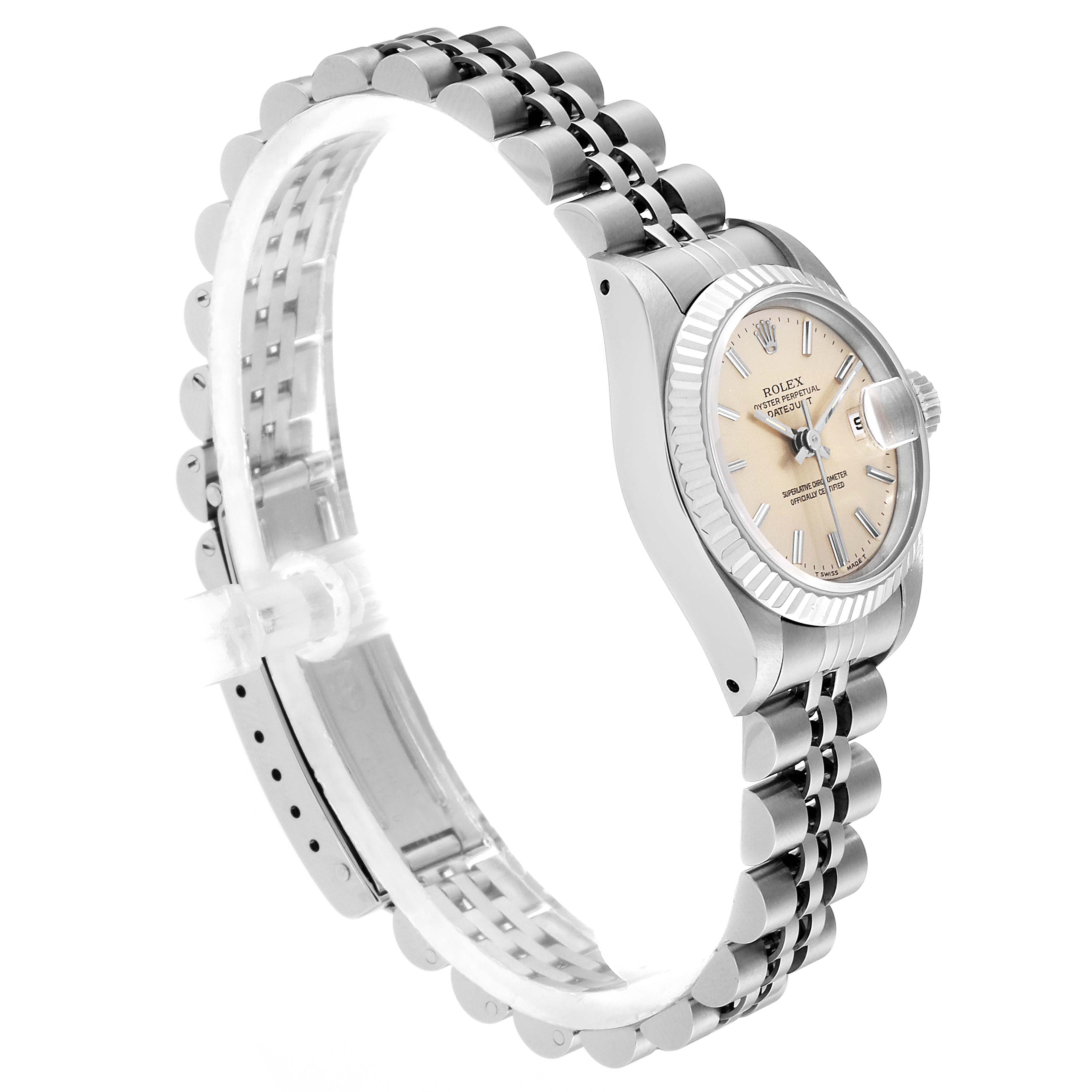 The image shows a side profile of a Rolex Datejust 69174 Women
s Stainless Steel Silver Dial 69174 Women
s Stainless Steel Silver Dial watch, highlighting the face, case, and bracelet.