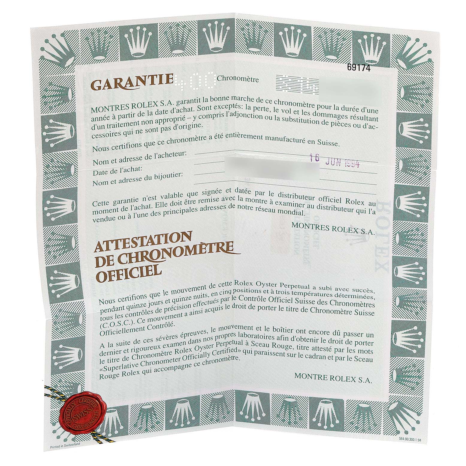 The image shows the warranty card for the Rolex Datejust 69174 Women
s Stainless Steel Silver Dial 69174 Women
s Stainless Steel Silver Dial model, featuring the brand
s markings and a certification seal.