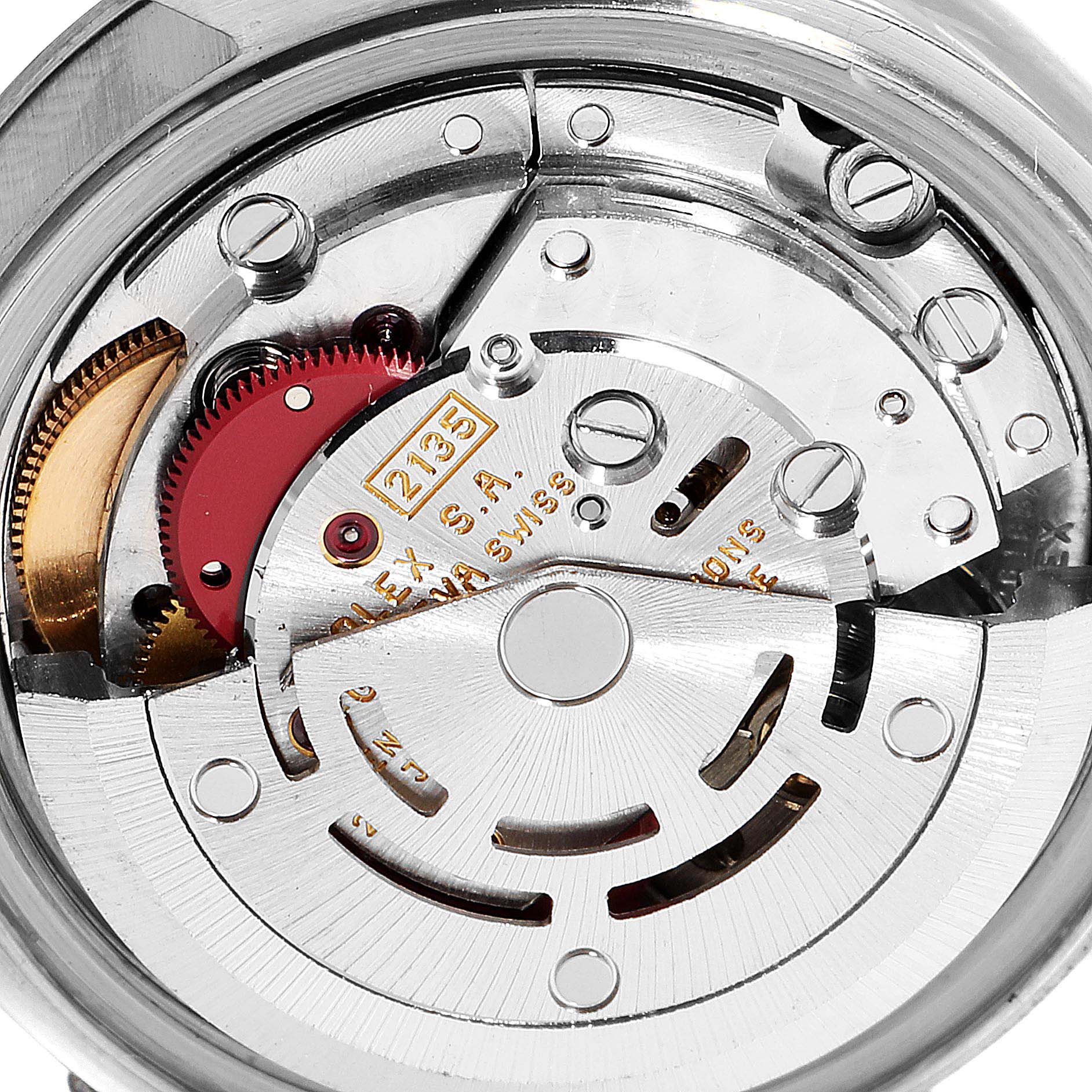 This image shows a close-up view of the mechanical movement inside a Rolex Datejust 69174 Women
s Stainless Steel Silver Dial 69174 Women
s Stainless Steel Silver Dial watch.