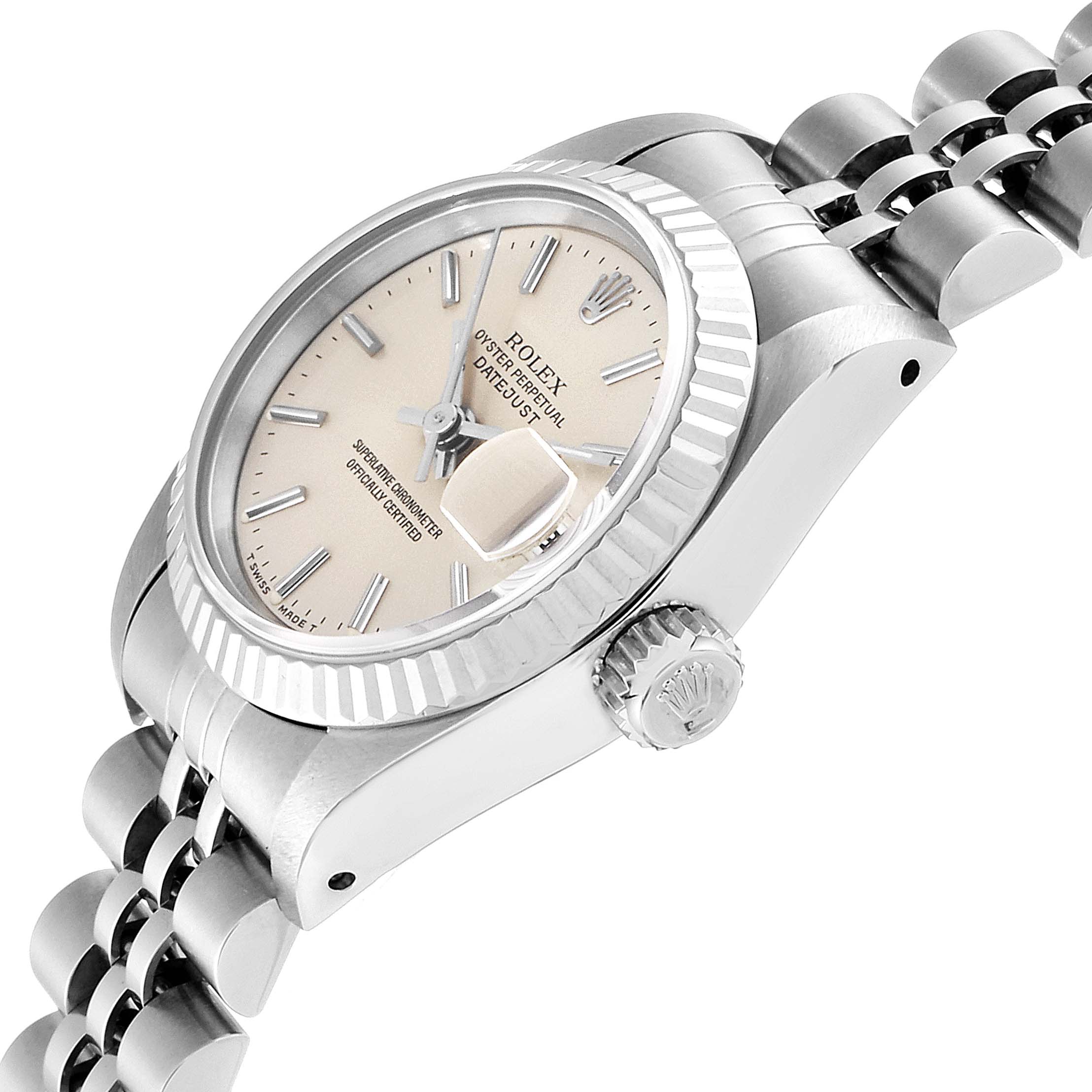 This image shows a side view of the Rolex Datejust 69174 Women
s Stainless Steel Silver Dial 69174 Women
s Stainless Steel Silver Dial watch, highlighting the crown, bezel, dial, and part of the bracelet.