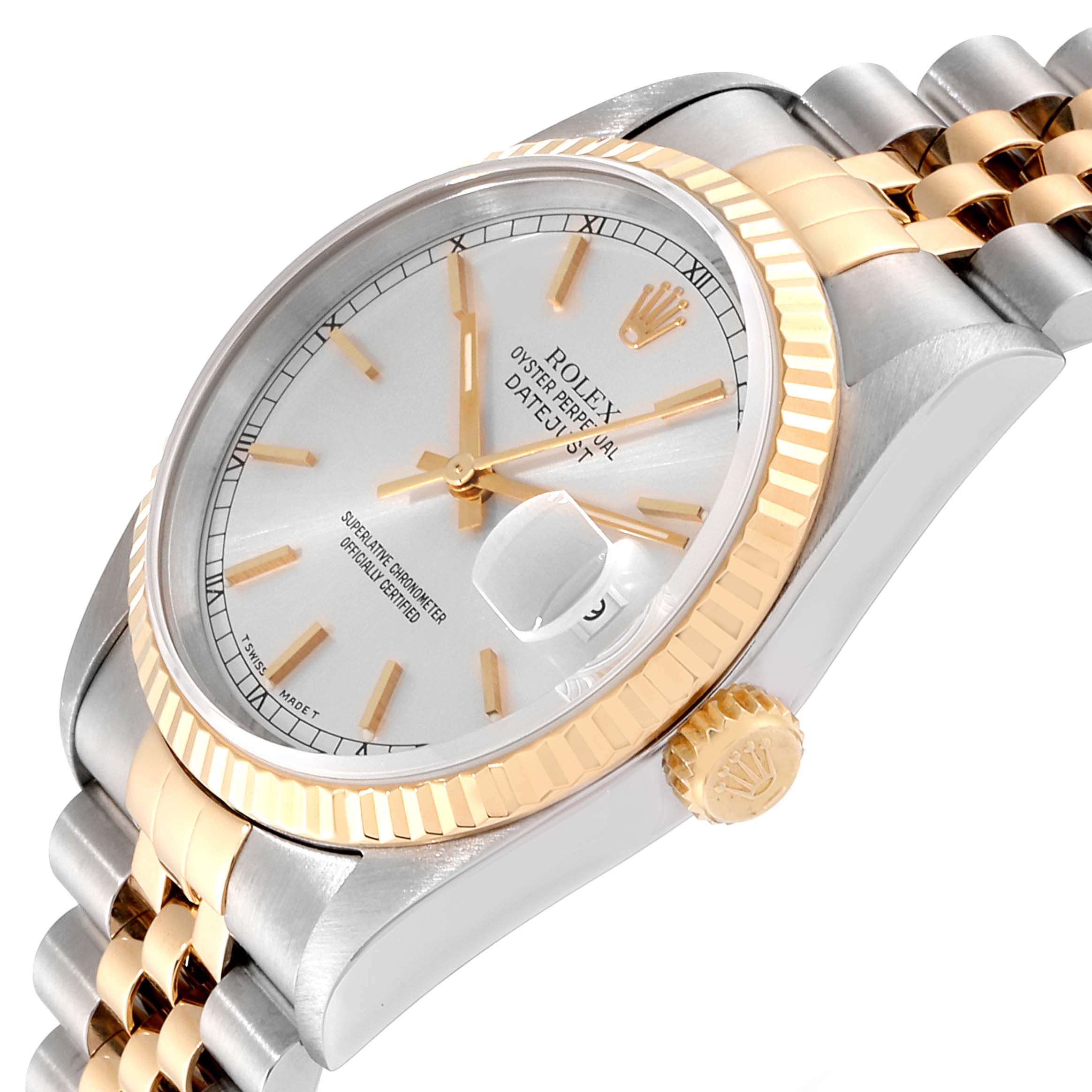 The image shows a Rolex Datejust 16233 Men
s Steel and Gold (two tone) Silver Dial 16233 Men
s Steel and Gold (two tone) Silver Dial watch at an angled view highlighting the dial, crown, bezel, and part of the bracelet.