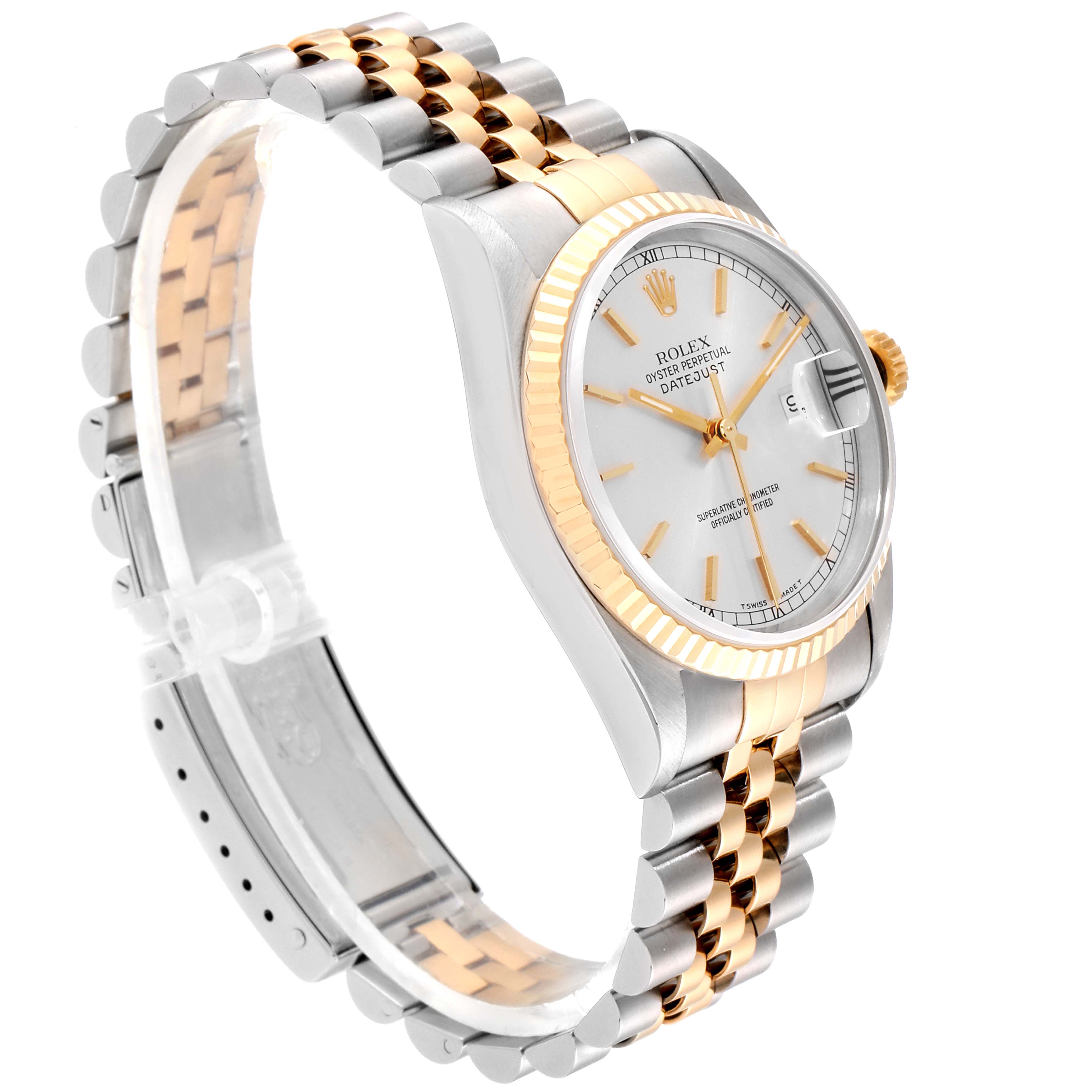 The image shows a side angle view of a Rolex Datejust 16233 Men
s Steel and Gold (two tone) Silver Dial 16233 Men
s Steel and Gold (two tone) Silver Dial watch, highlighting its two-tone bracelet and white dial.