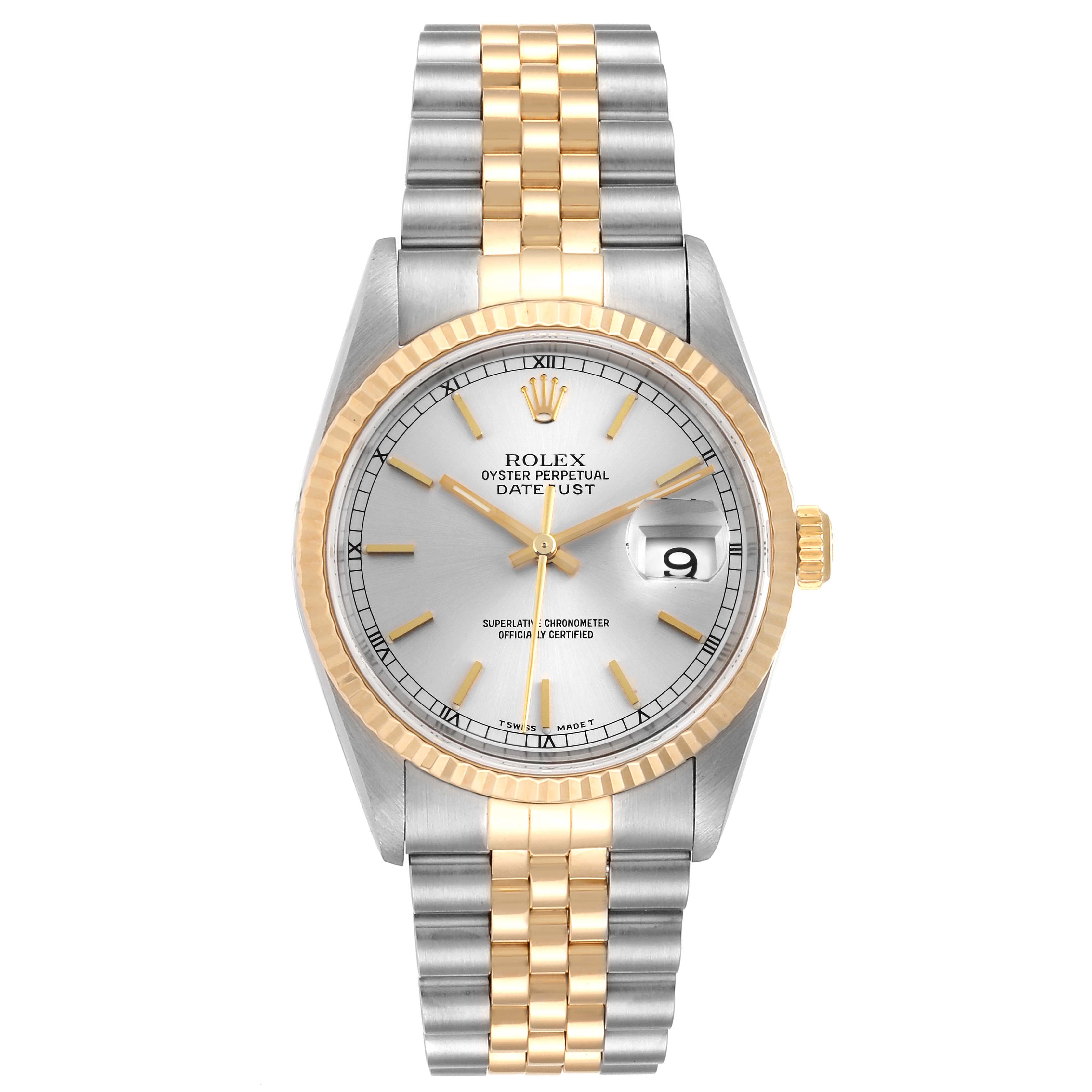 This image shows a frontal view of the Rolex Datejust 16233 Men
s Steel and Gold (two tone) Silver Dial 16233 Men
s Steel and Gold (two tone) Silver Dial watch, showcasing its two-tone bracelet and dial with a date display.