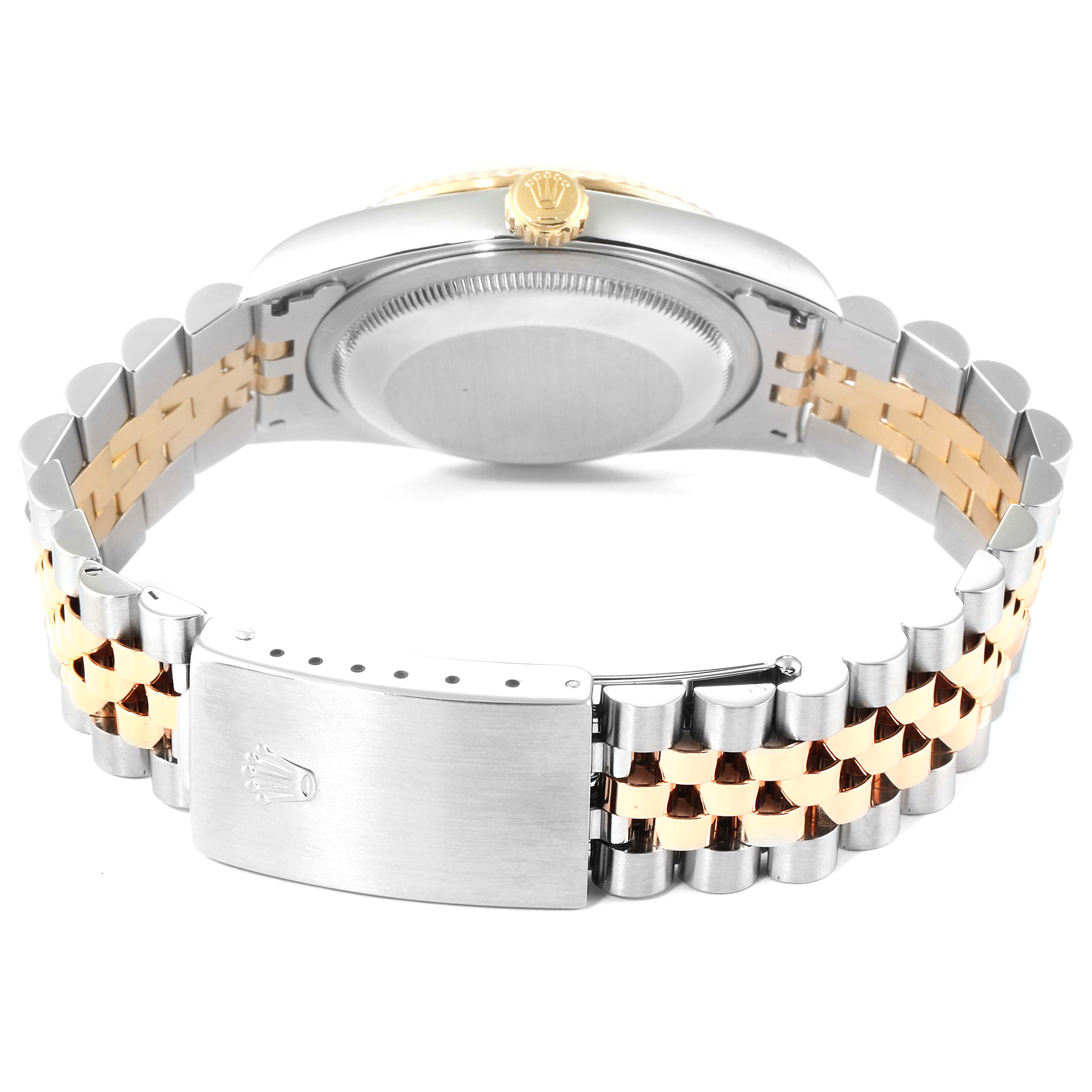 This image shows the back case and clasp of the Rolex Datejust 16233 Men
s Steel and Gold (two tone) Silver Dial 16233 Men
s Steel and Gold (two tone) Silver Dial watch, featuring a two-tone bracelet.