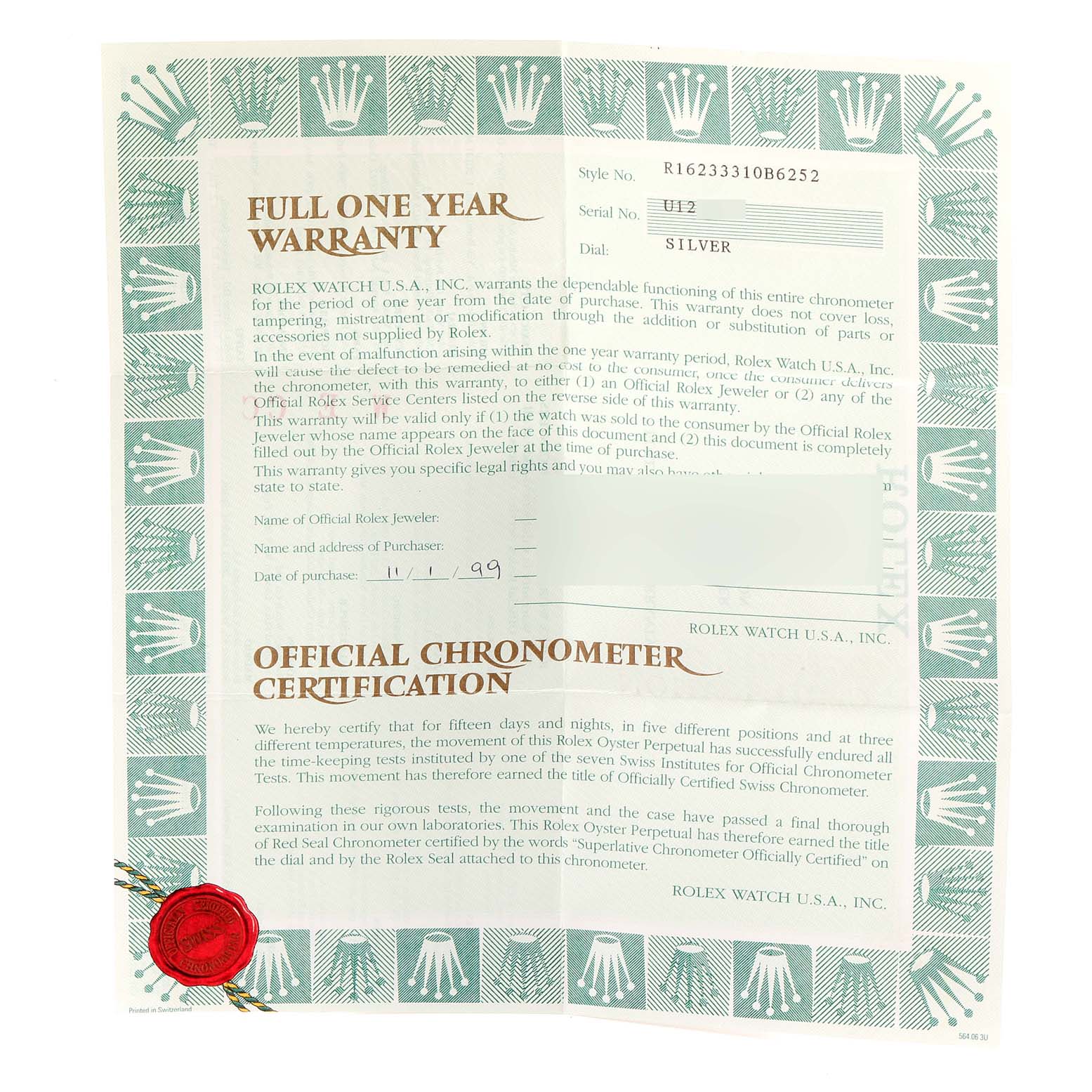 The image shows a warranty and chronometer certification for a Rolex Datejust 16233 Men
s Steel and Gold (two tone) Silver Dial 16233 Men
s Steel and Gold (two tone) Silver Dial watch.