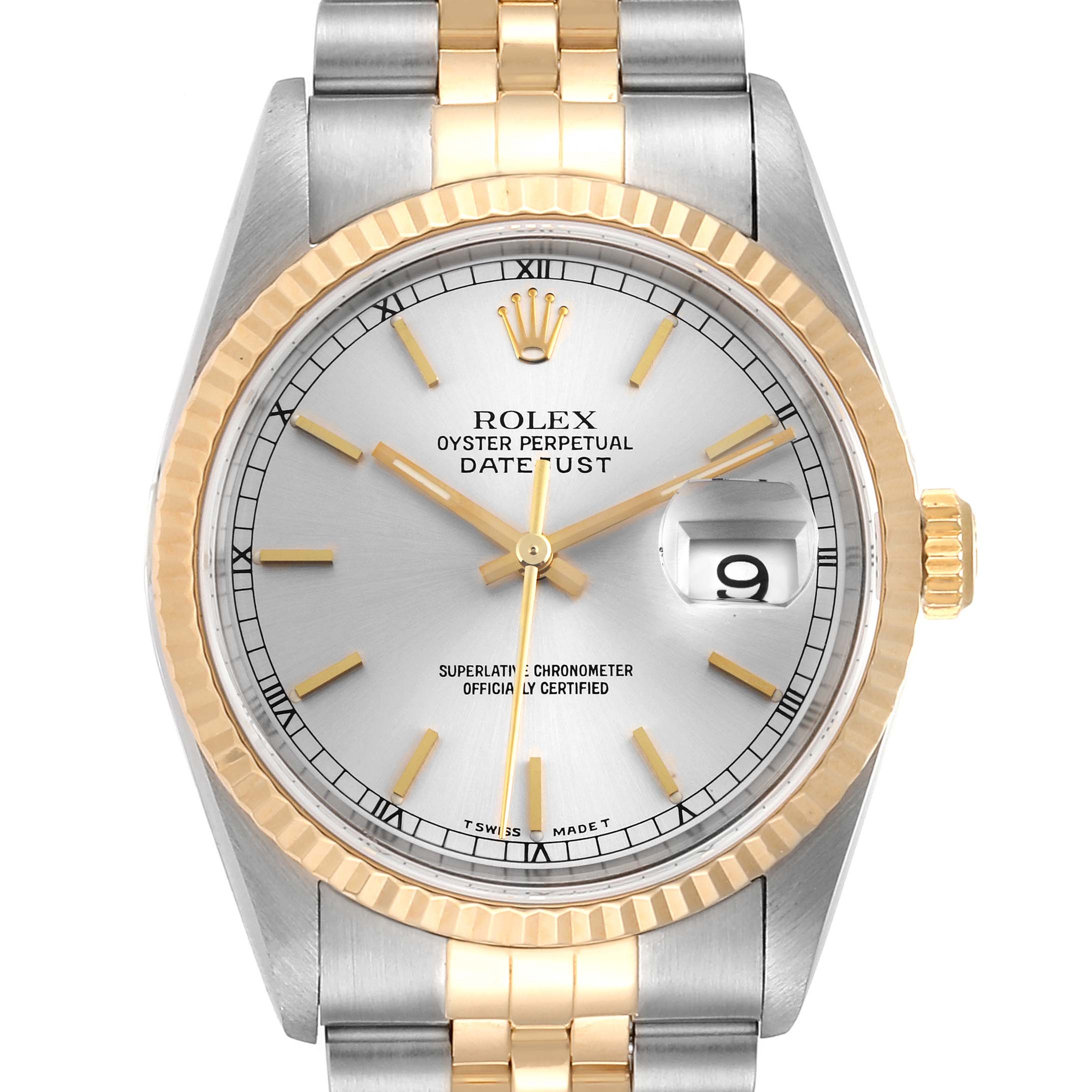 The Rolex Datejust 16233 Men
s Steel and Gold (two tone) Silver Dial 16233 Men
s Steel and Gold (two tone) Silver Dial watch is shown from a frontal angle, highlighting its silver dial, gold fluted bezel, and two-tone bracelet.