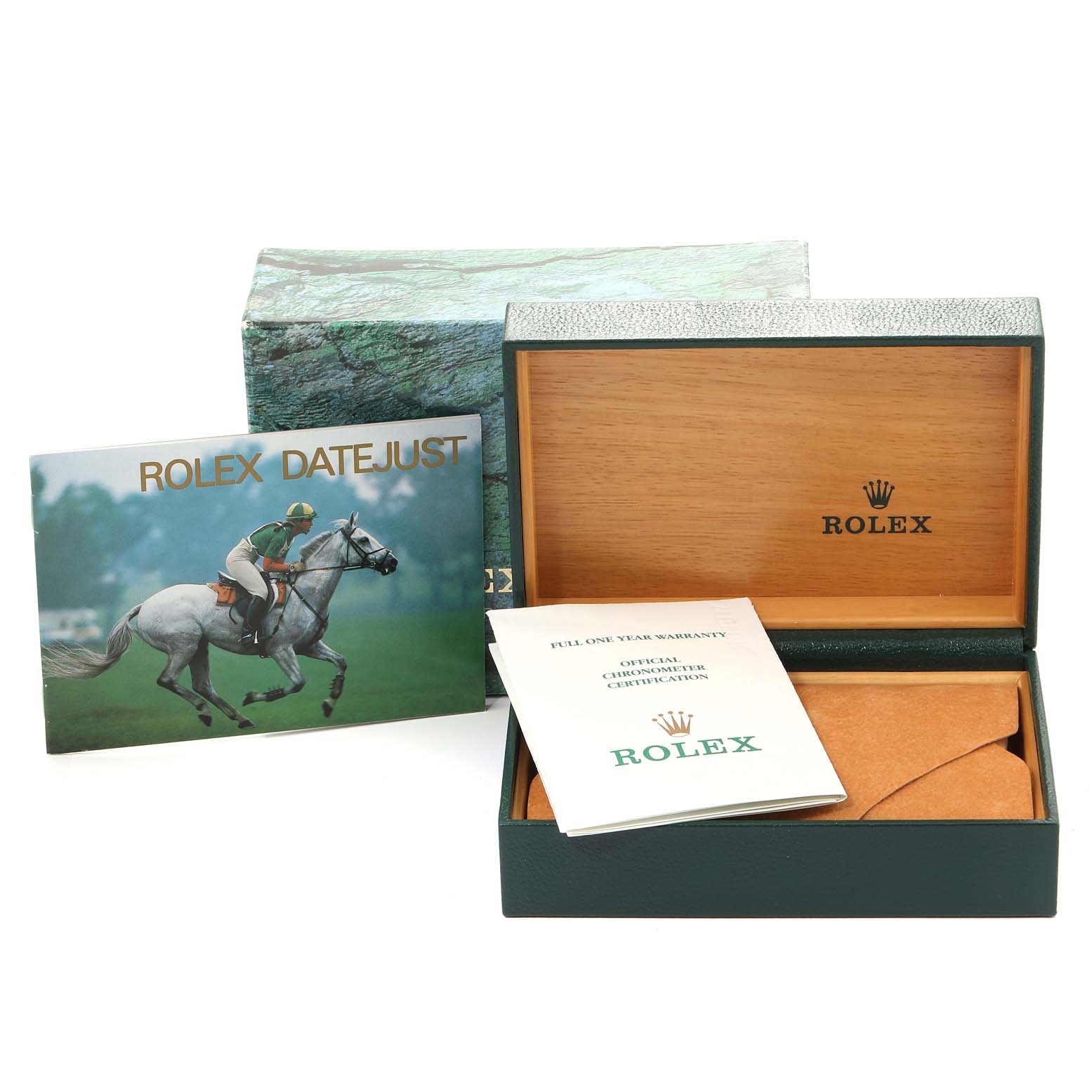 The image shows a Rolex Datejust 16233 Men
s Steel and Gold (two tone) Silver Dial 16233 Men
s Steel and Gold (two tone) Silver Dial box, warranty booklet, and promotional card from a front angle.