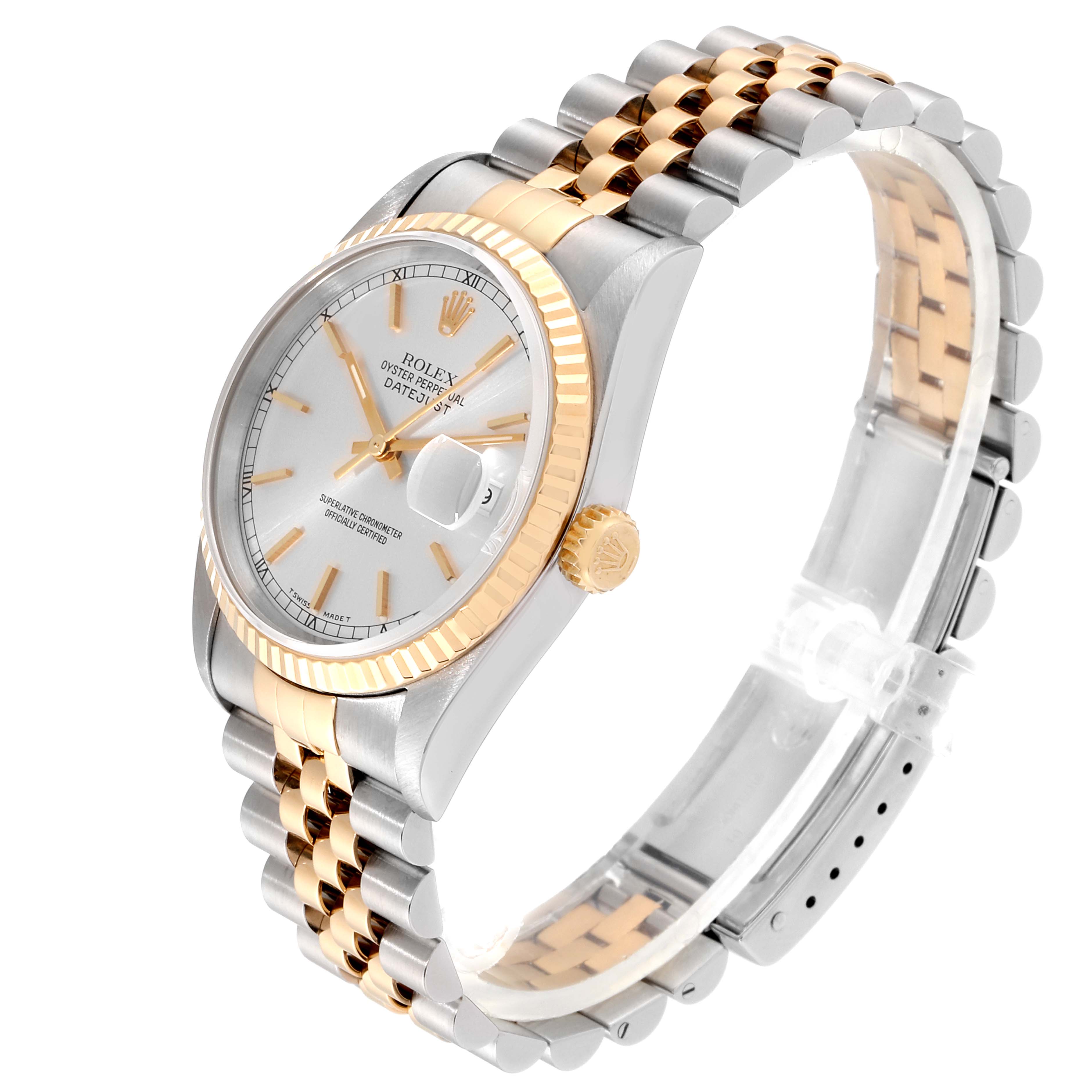 The image shows a diagonally angled view of the Rolex Datejust 16233 Men
s Steel and Gold (two tone) Silver Dial 16233 Men
s Steel and Gold (two tone) Silver Dial watch, highlighting its two-tone bracelet, dial, and fluted bezel.