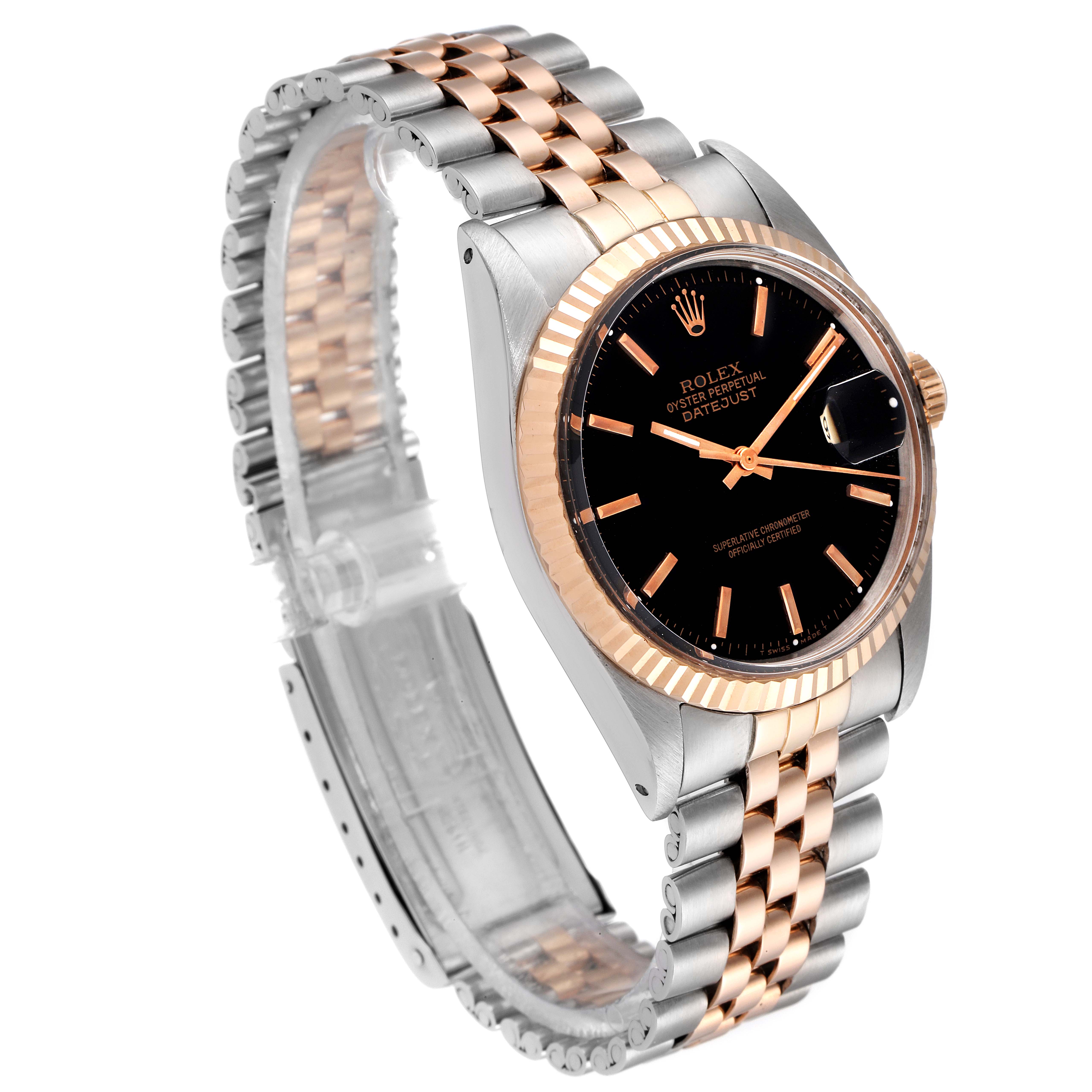 The image shows a Rolex Vintage Collection 1601 Men's Steel and Gold (two tone) Black Dial 1601 Men's Steel and Gold (two tone) Black Dial watch at a three-quarter angle, highlighting the watch face, bezel, and metal bracelet.