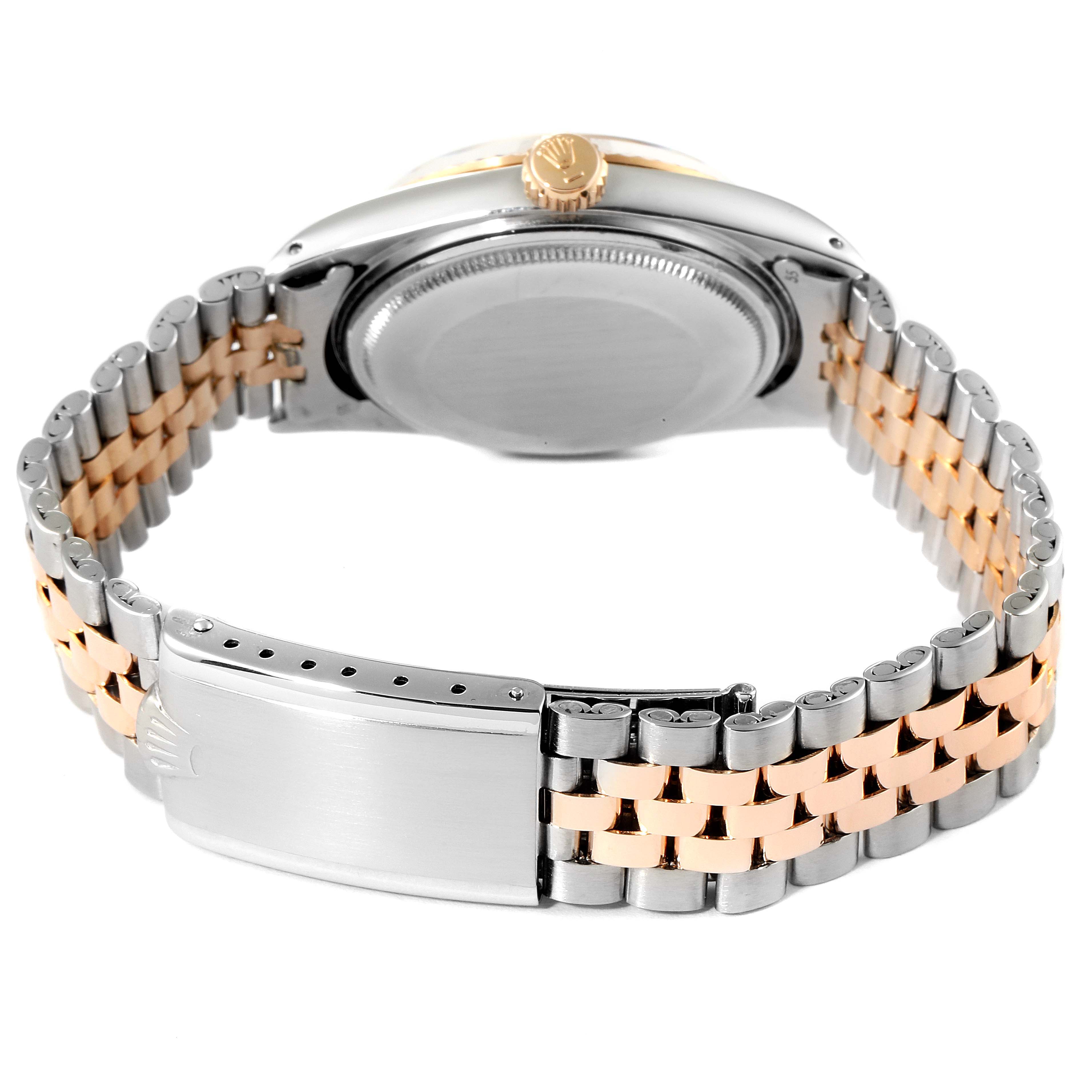 The image shows the Rolex Vintage Collection 1601 Men's Steel and Gold (two tone) Black Dial 1601 Men's Steel and Gold (two tone) Black Dial watch from a rear angle, highlighting the clasp, bracelet, and case back.